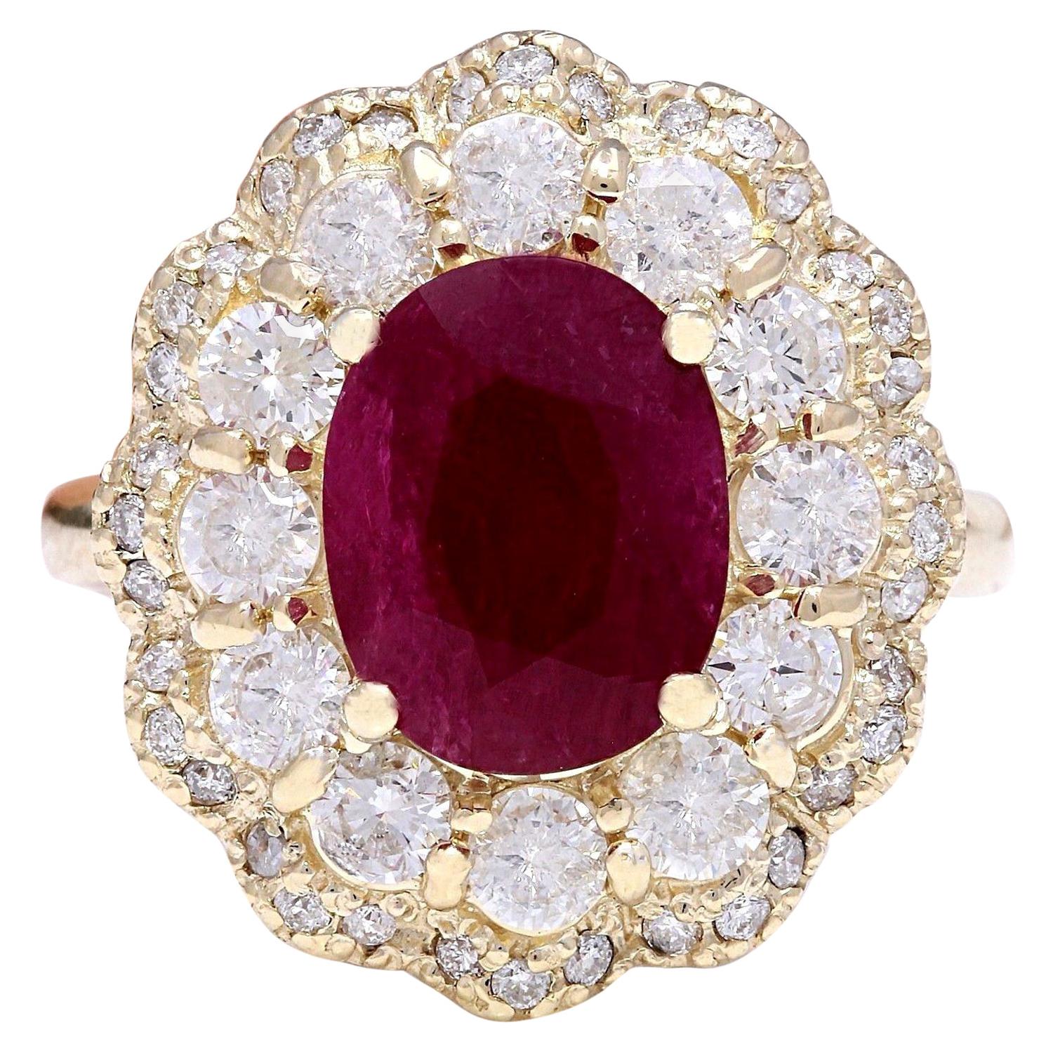 Exquisite Natural Ruby Diamond Ring In 14 Karat Solid Yellow Gold  For Sale