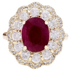 Exquisiter natürlicher Rubin-Diamantring aus 14 Karat massivem Gelbgold 