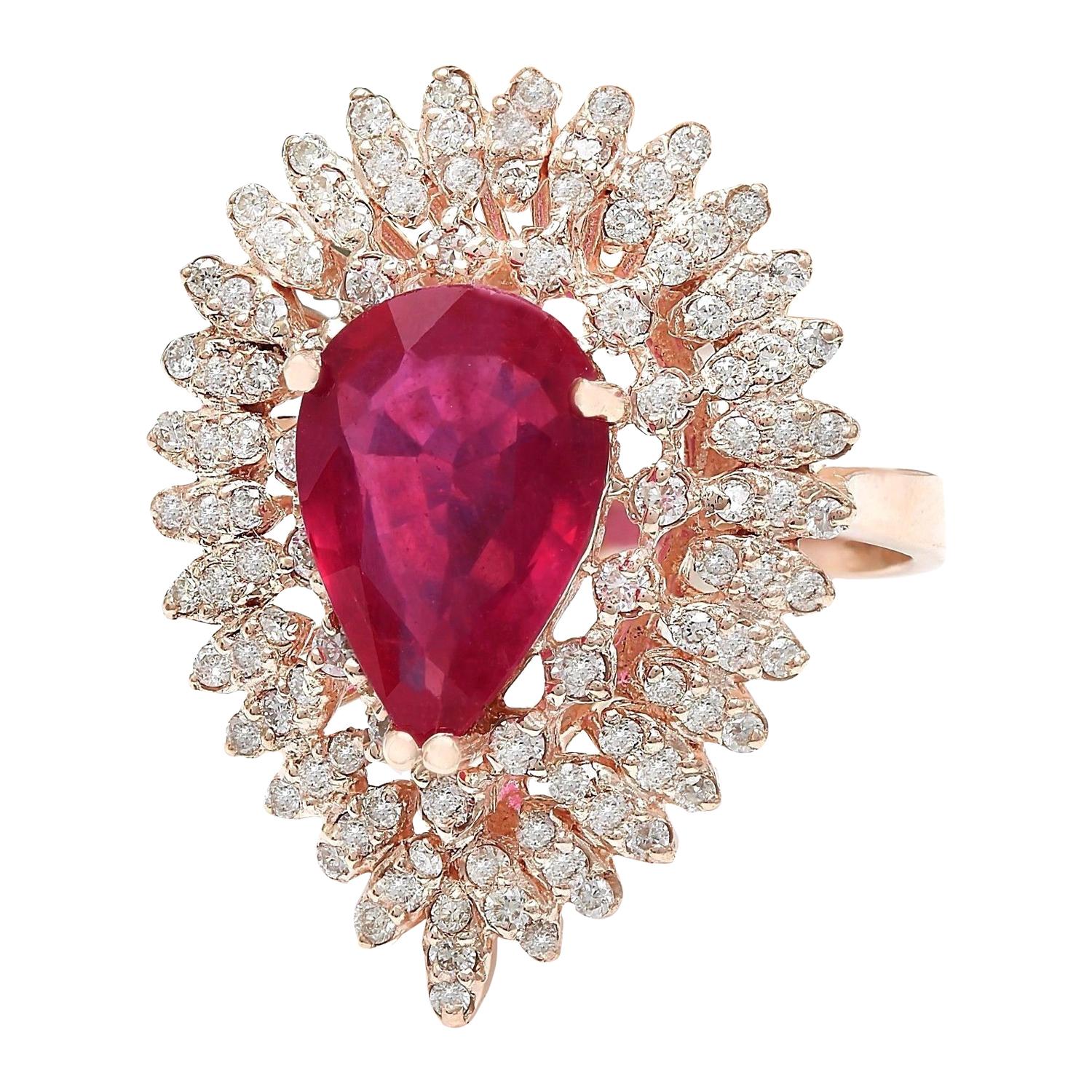 4.78 Carat Natural Ruby 14K Solid Rose Gold Diamond Ring
 Item Type: Ring
 Item Style: Cocktail
 Material: 14K Rose Gold
 Mainstone: Ruby
 Stone Color: Red
 Stone Weight: 3.53 Carat
 Stone Shape: Pear
 Stone Quantity: 1
 Stone Dimensions: 13.00x9.00