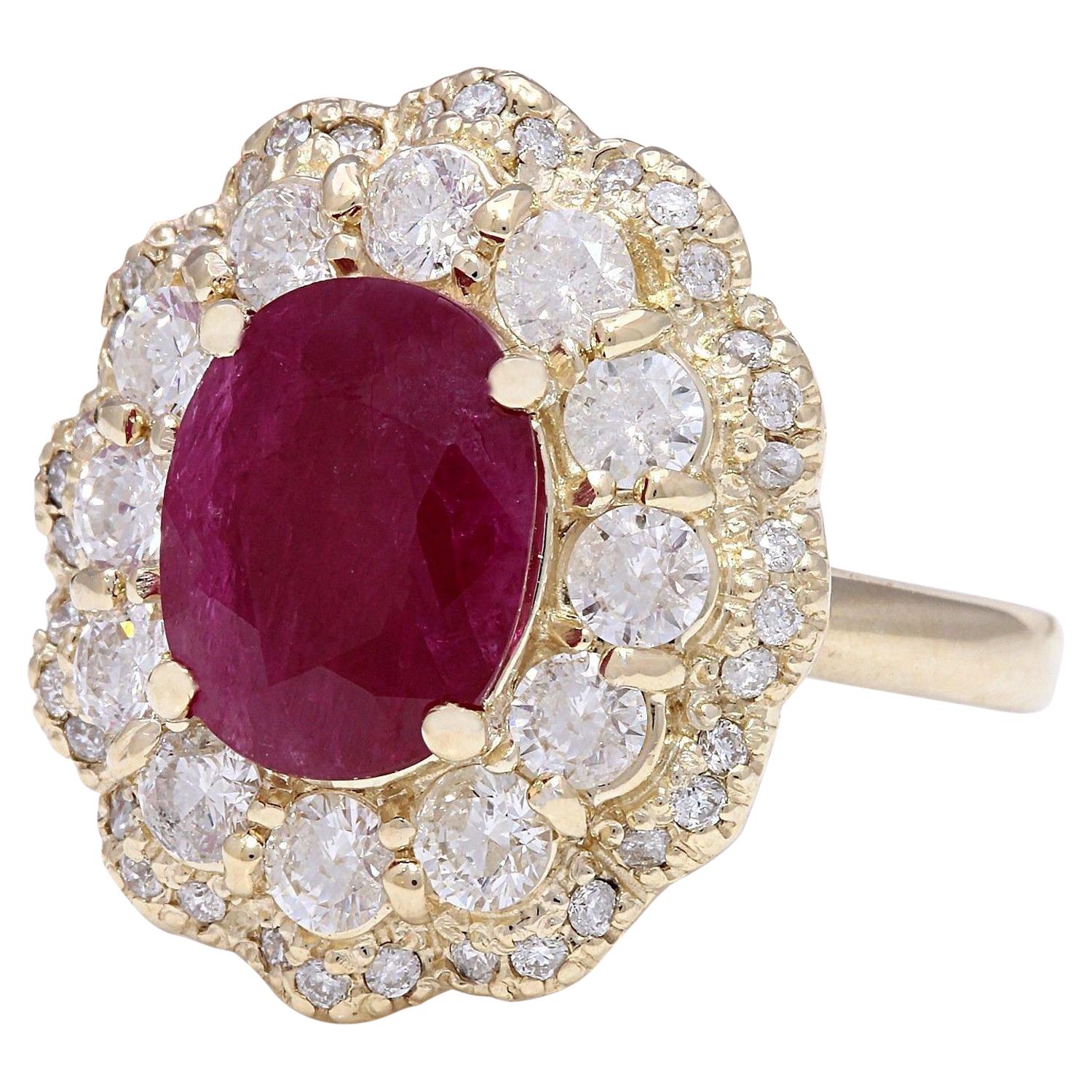 Introducing our breathtaking 4.78 Carat Natural Ruby 14K Solid Yellow Gold Diamond Ring, a masterpiece of elegance and allure. This exquisite ring features a radiant oval-cut ruby at its center, weighing 3.10 carats and measuring 10.00x8.00 mm,
