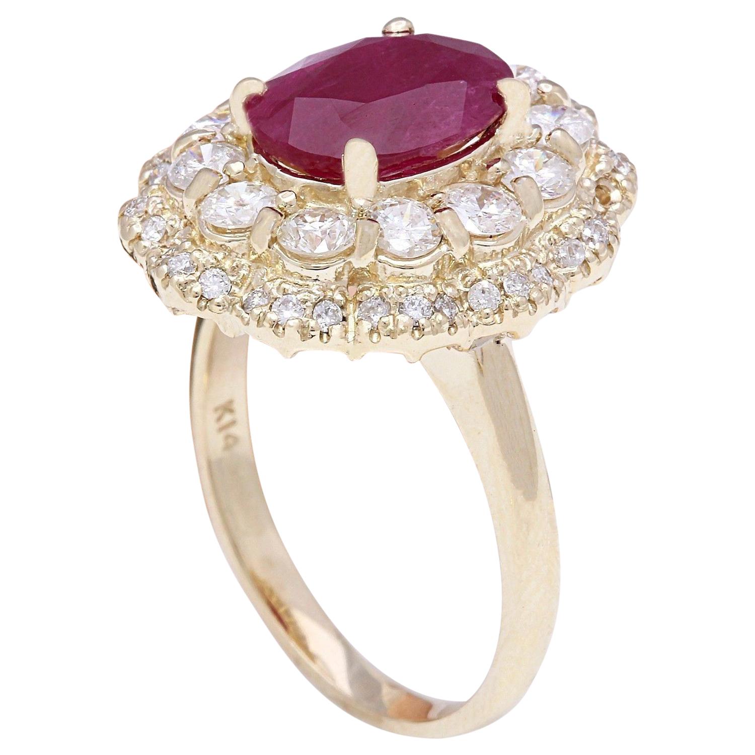 Oval Cut Exquisite Natural Ruby Diamond Ring In 14 Karat Solid Yellow Gold  For Sale