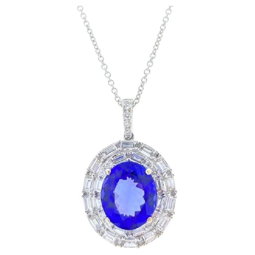 4.78 Carat Oval  Shape Blue Tanzanite & Diamond Pendants In 18k White Gold  For Sale