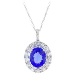 4.78 Carat Oval  Shape Blue Tanzanite & Diamond Pendants In 18k White Gold