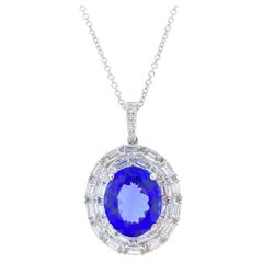 4.78 Carat Oval  Shape Blue Tanzanite & Diamond Pendants In 18k White Gold 