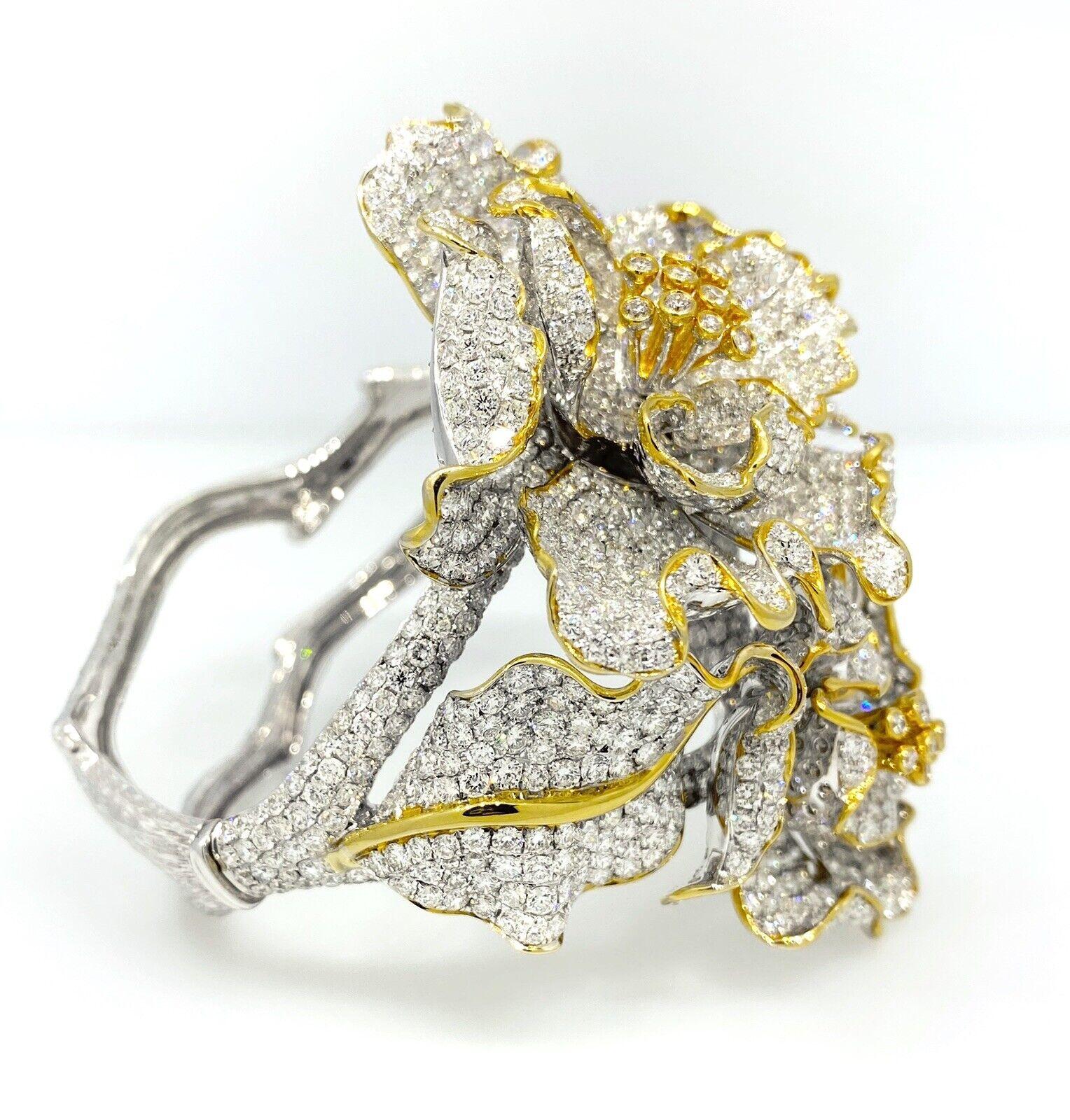 Round Cut 47.80 Carats Diamond Flower Bangle Bracelet in 18k White & Yellow Gold For Sale