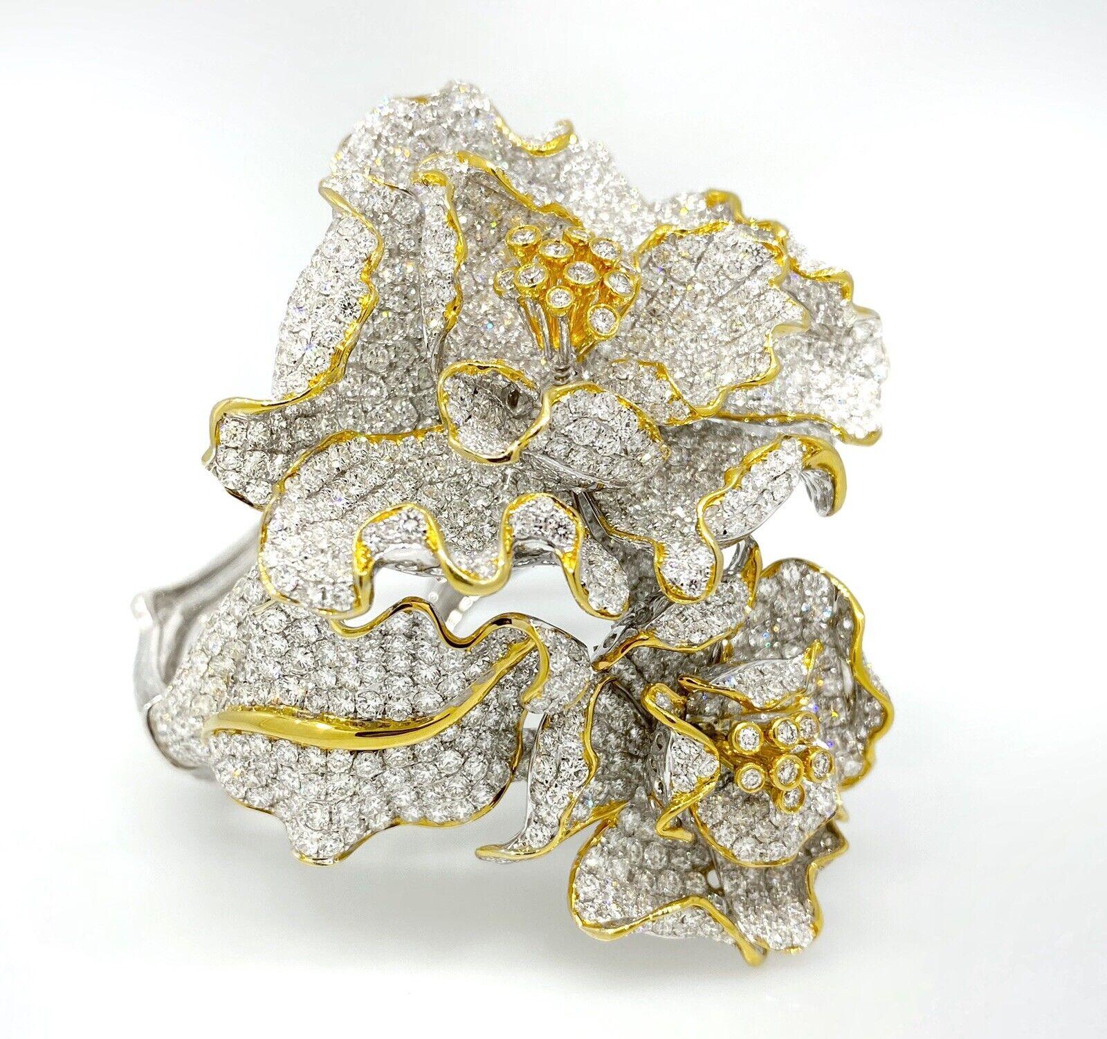 47.80 Carats Diamond Flower Bangle Bracelet in 18k White & Yellow Gold In Excellent Condition For Sale In La Jolla, CA