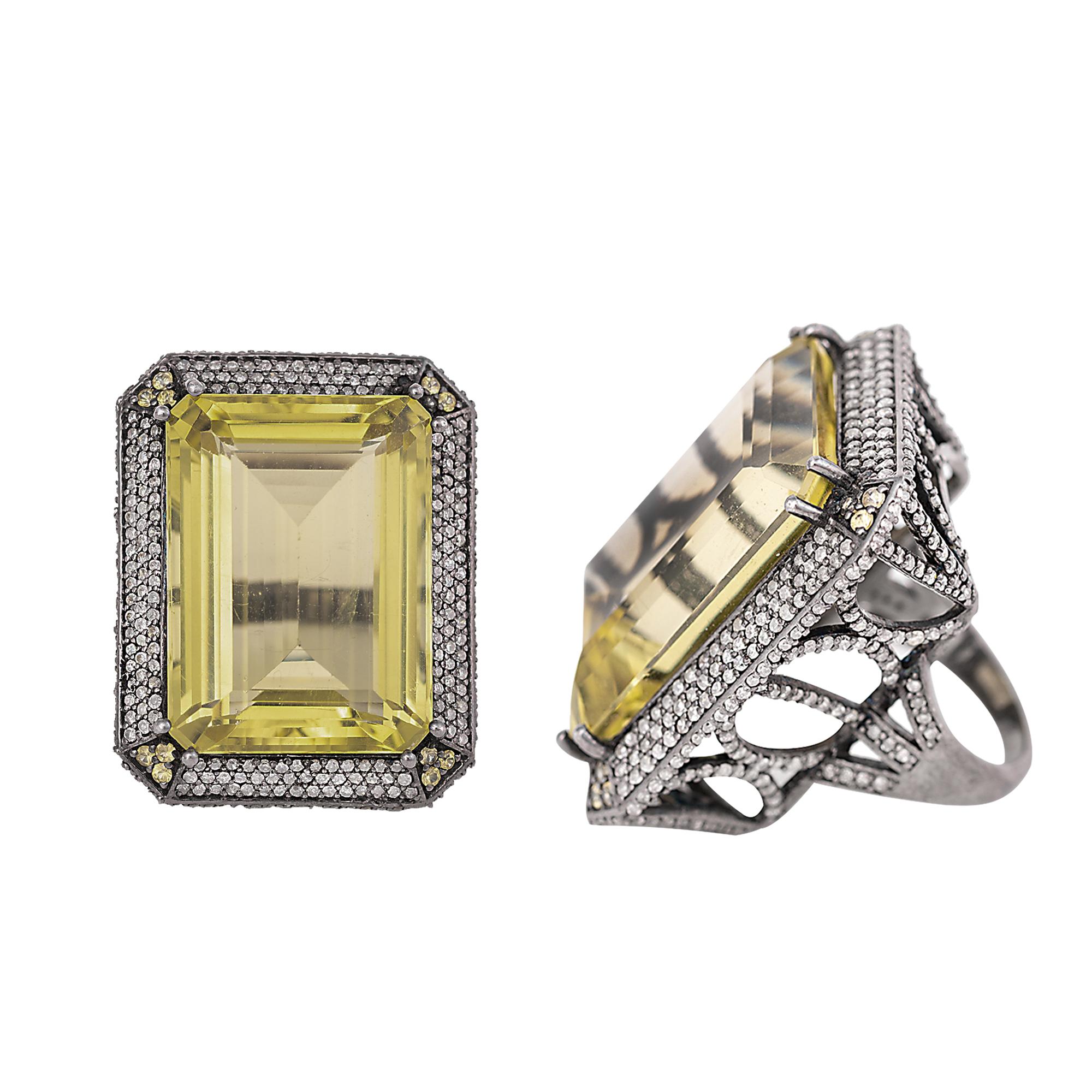 Art Deco 47.81 Carat Lemon Topaz and Diamond Cluster Cocktail Ring in Victorian Style For Sale