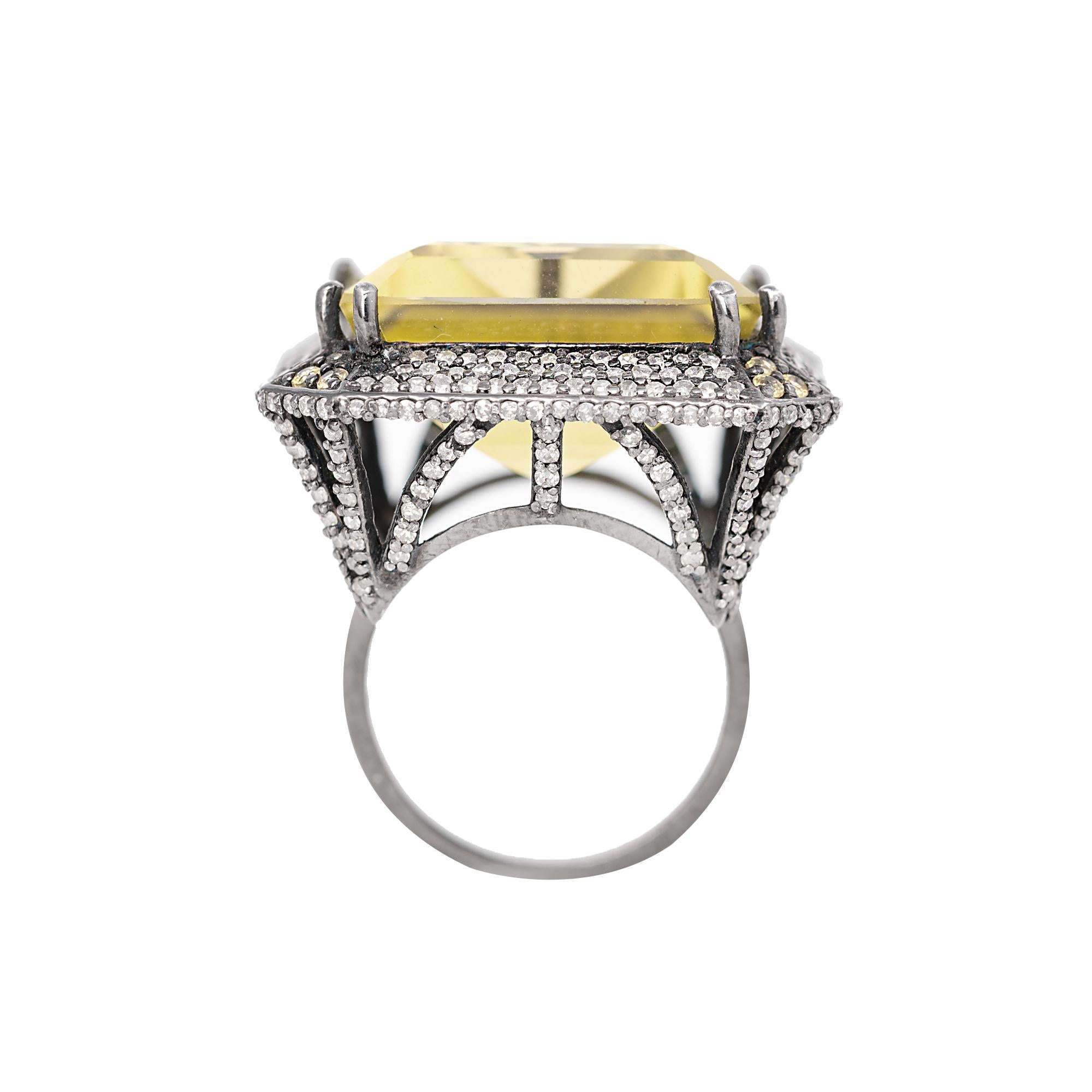 Emerald Cut 47.81 Carat Lemon Topaz and Diamond Cluster Cocktail Ring in Victorian Style For Sale