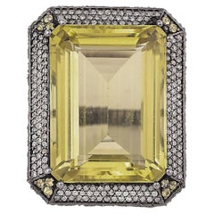47.81 Carat Lemon Topaz and Diamond Cluster Cocktail Ring in Victorian Style