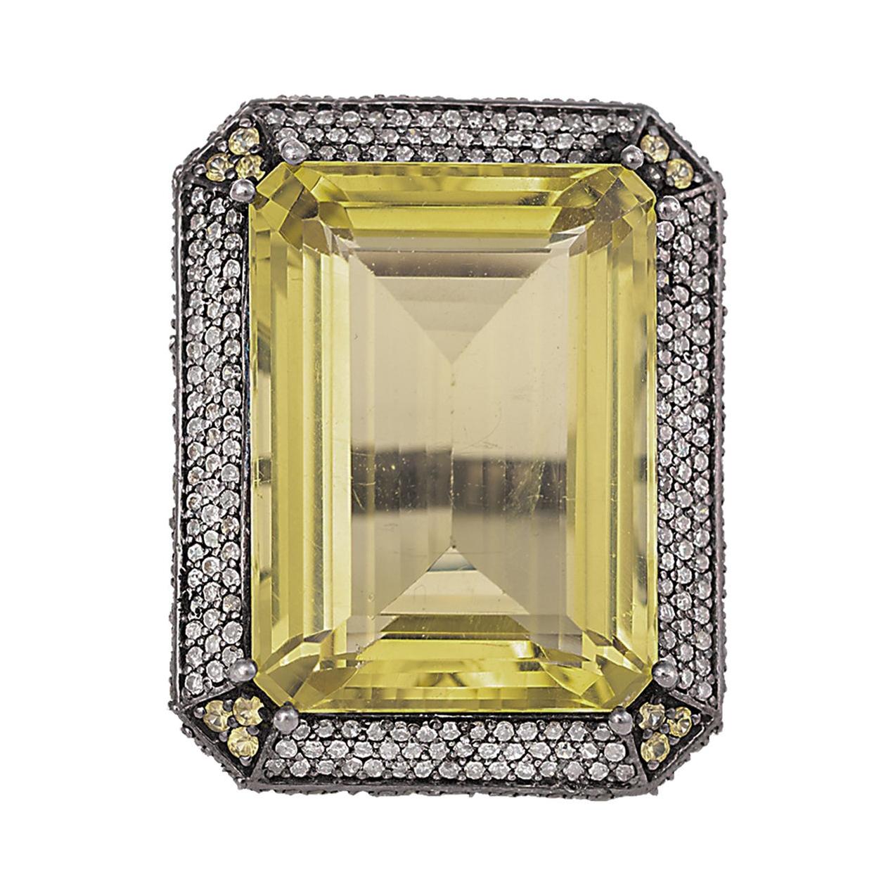 47.81 Carat Lemon Topaz and Diamond Cluster Cocktail Ring in Victorian Style