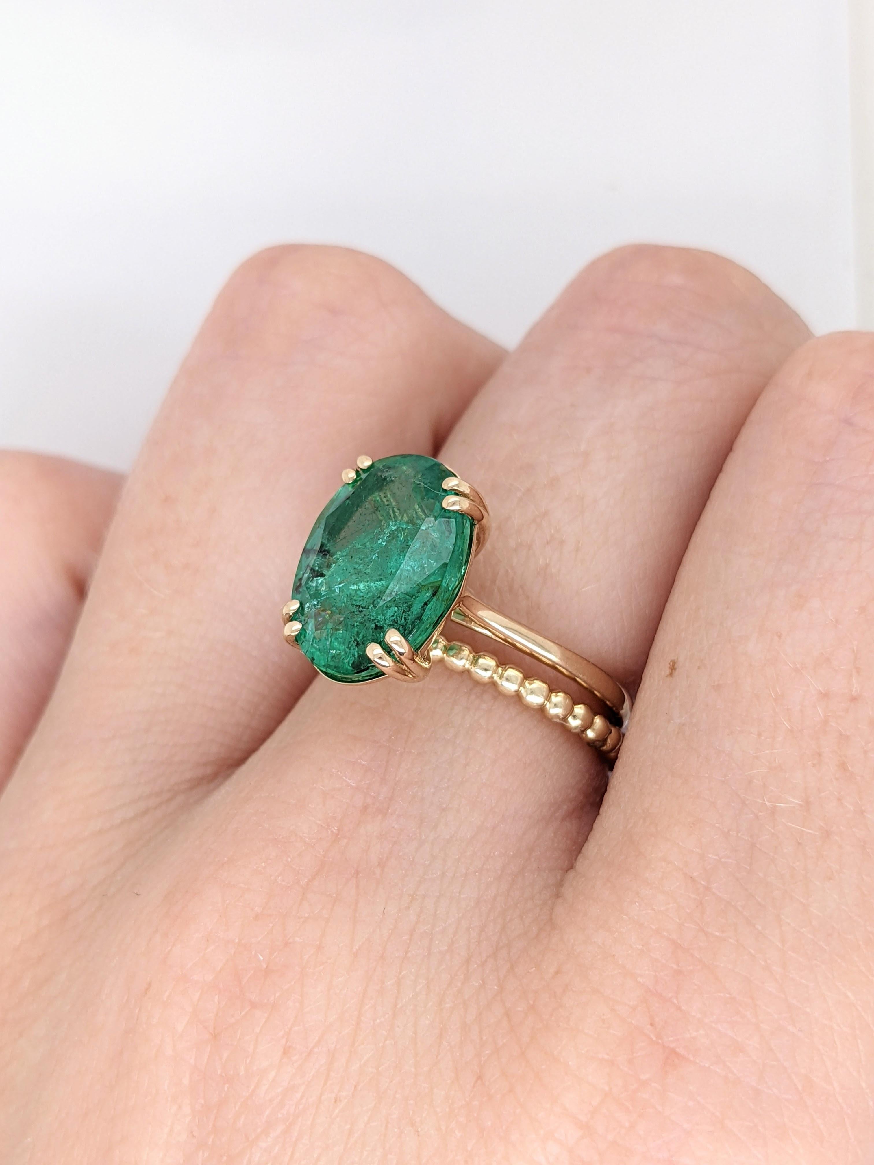 4.78ct Emerald Ring in Solid 14k Yellow Gold Solitaire Emerald Oval 14x10mm Unisexe en vente