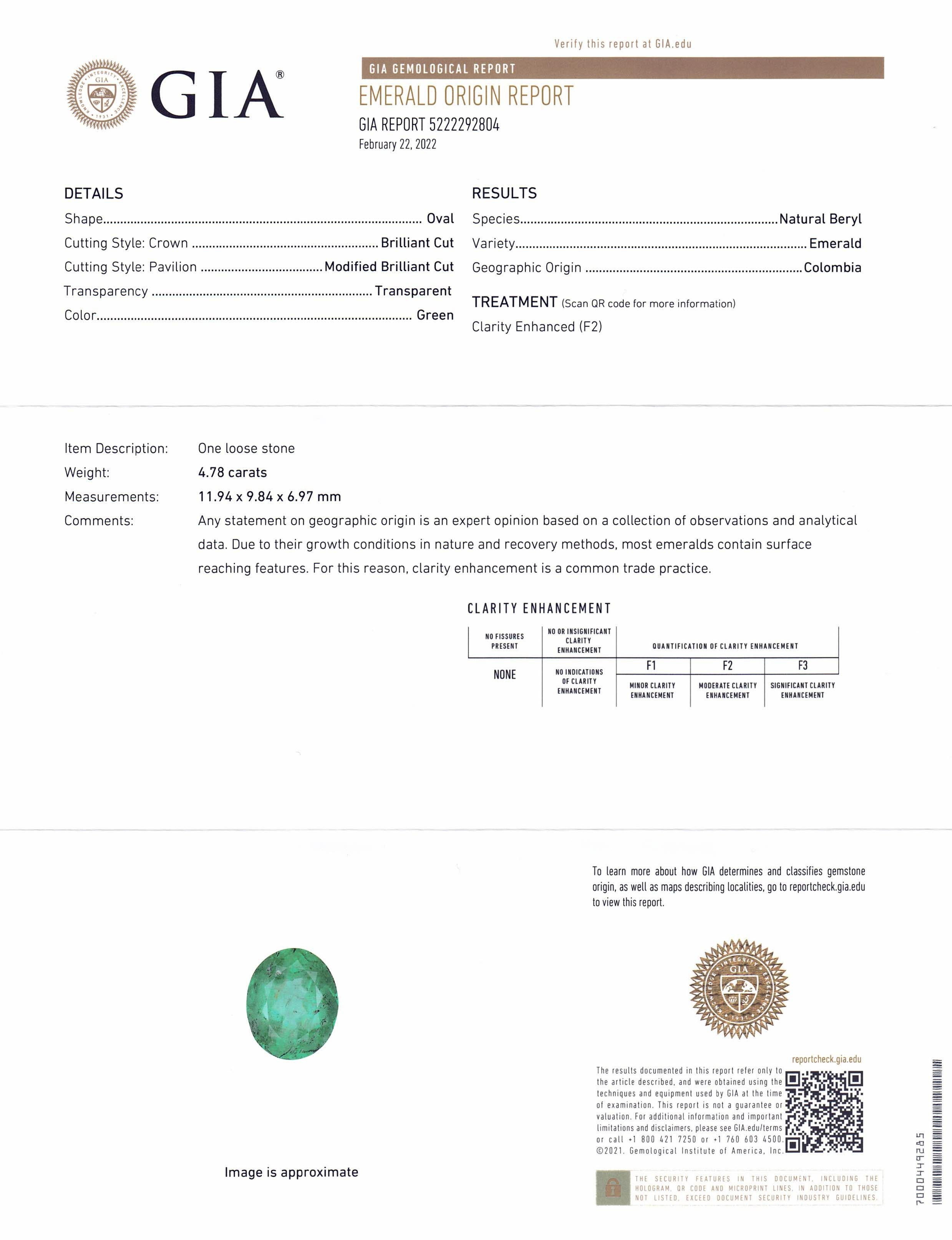 This is a stunning GIA Certified Emerald 

The GIA report reads as follows:

GIA Report Number: 5222292804
Shape: Oval
Cutting Style: 
Cutting Style: Crown: Brilliant Cut
Cutting Style: Pavilion: Modified Brilliant Cut
Transparency: