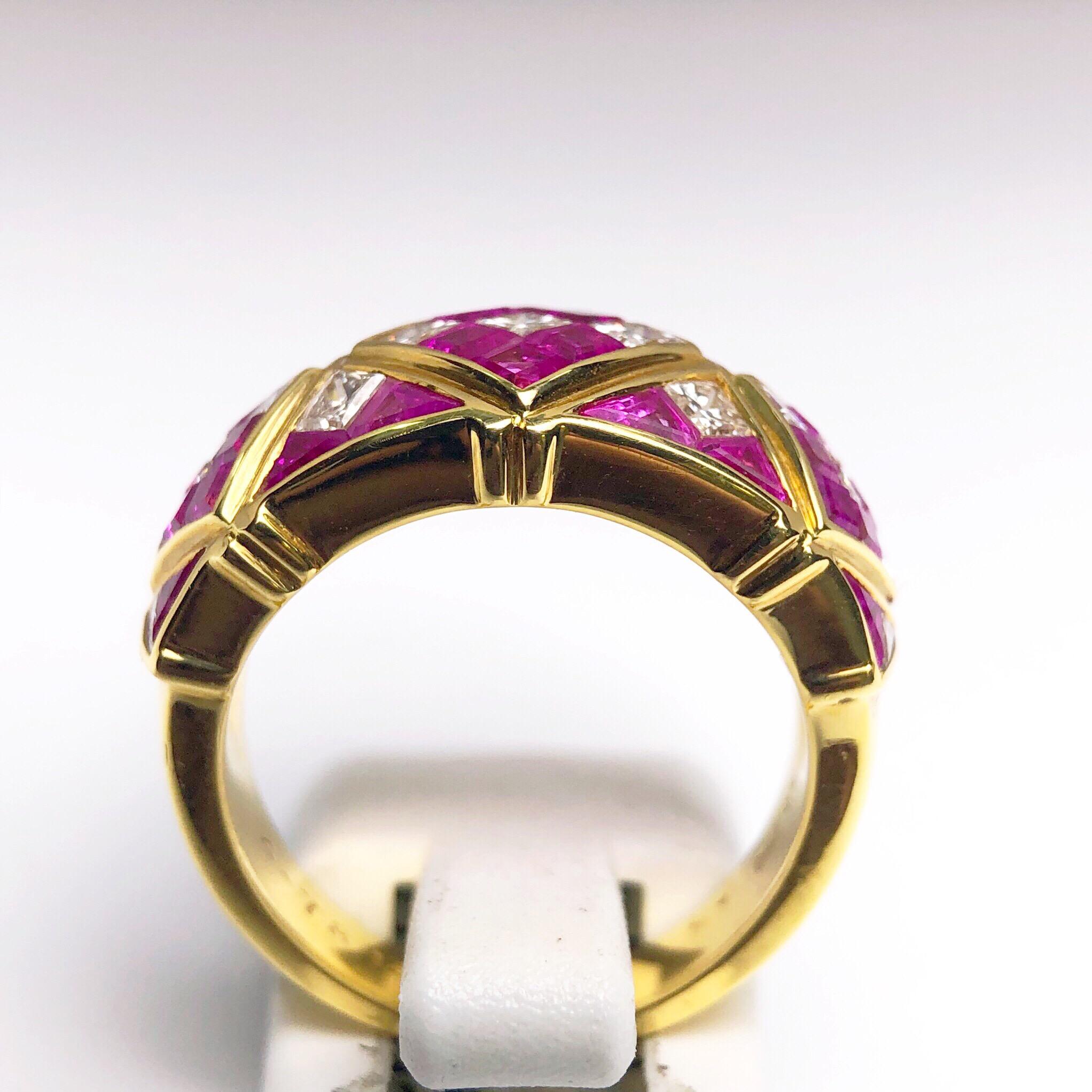 Women's or Men's 4.78Ct. Pink Sapphire and 1.20Ct. Diamond Harlequin Pattern 18Kt Gold Band Ring For Sale