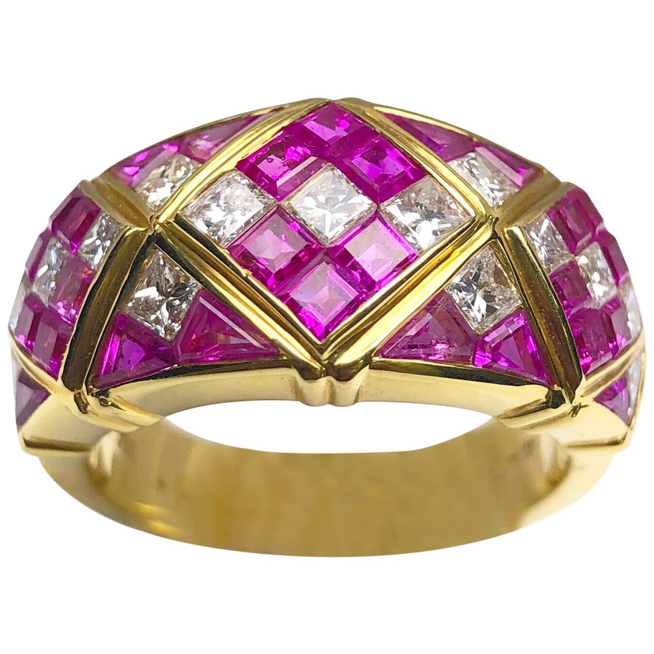4.78Ct. Pink Sapphire and 1.20Ct. Diamond Harlequin Pattern 18Kt Gold Band Ring