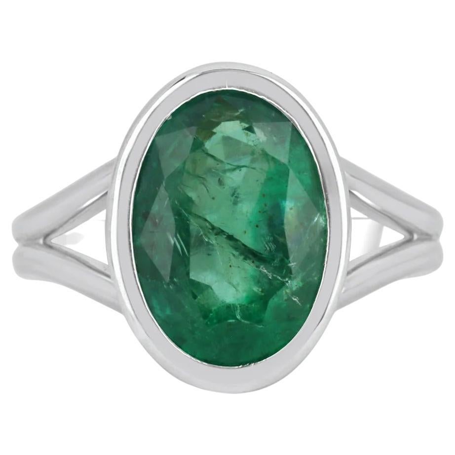 3.96cts 18K Bezel Set Oval Cut Emerald Solitaire Engagement Ring For