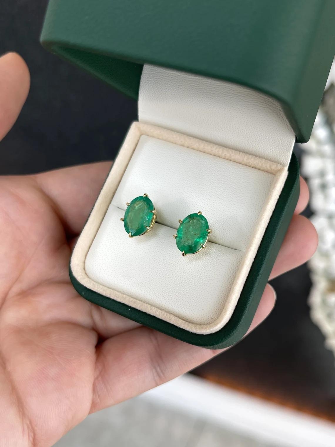 4.78tcw 18K Six Prong Natural Green Oval Cut Emerald Large Gold Stud Earrings  In New Condition For Sale In Jupiter, FL