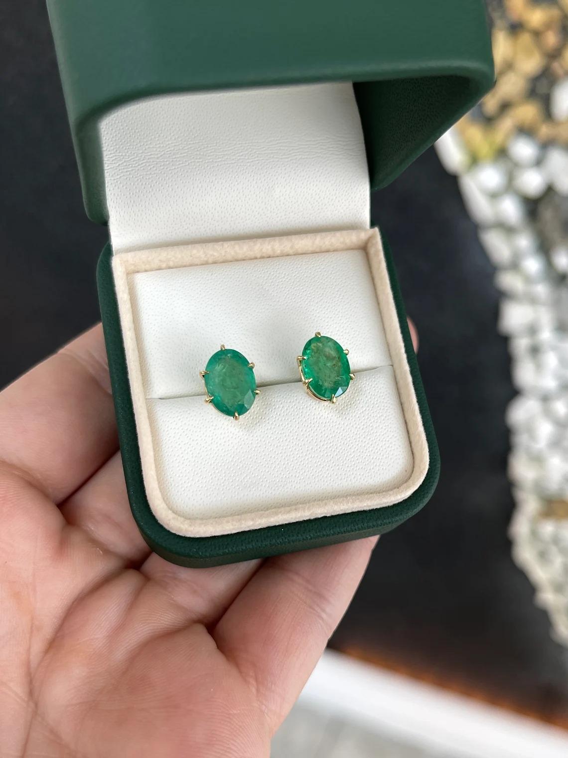 Women's 4.78tcw 18K Six Prong Natural Green Oval Cut Emerald Large Gold Stud Earrings  For Sale