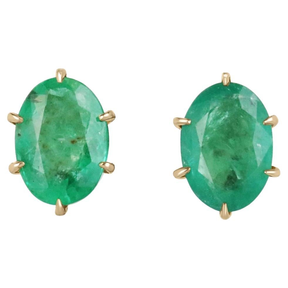 4.78tcw 18K Six Prong Natural Green Oval Cut Emerald Large Gold Stud Earrings  For Sale