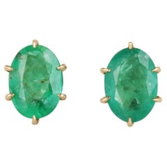 4.78tcw 18K Six Prong Natural Green Oval Cut Emerald Large Gold Stud Earrings 