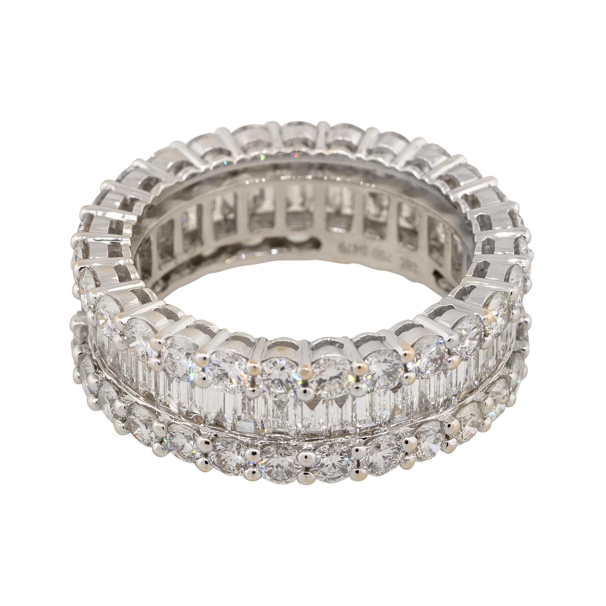 Material: 18k white gold
Diamond Details: Approx. 3.18ctw of round cut Diamonds. Diamonds are G/H in color and VS in clarity
                             Approx. 1.61ctw of baguette cut Diamonds. Diamonds are G/H in color and VS in clarity
Size: