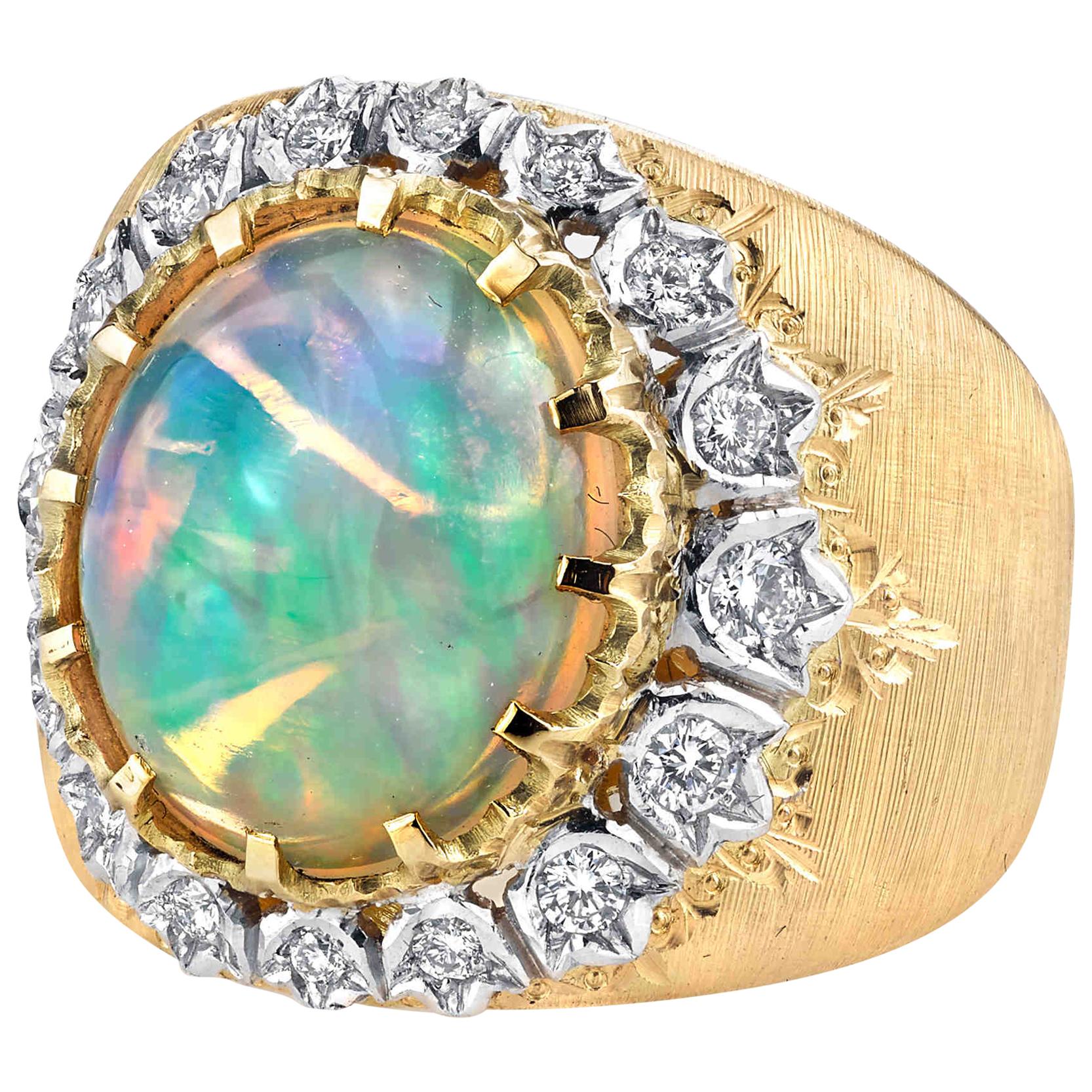 4.79 Carat Opal and Diamond, Yellow and White Gold Florentine Band Dome Ring