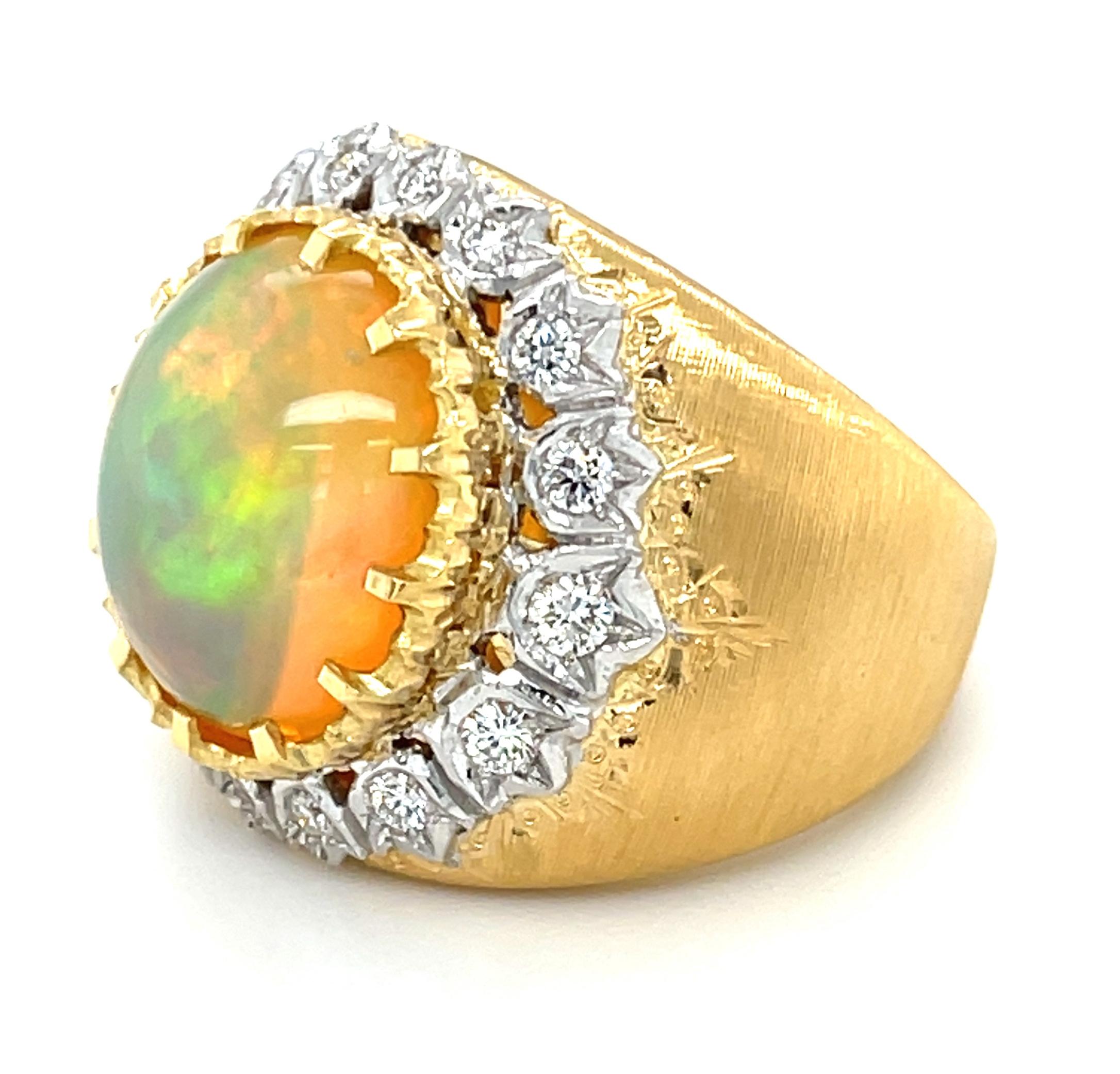 Artisan 4.79 Carat Opal and Diamond Florentine Style Ring in 18k Yellow and White Gold  For Sale