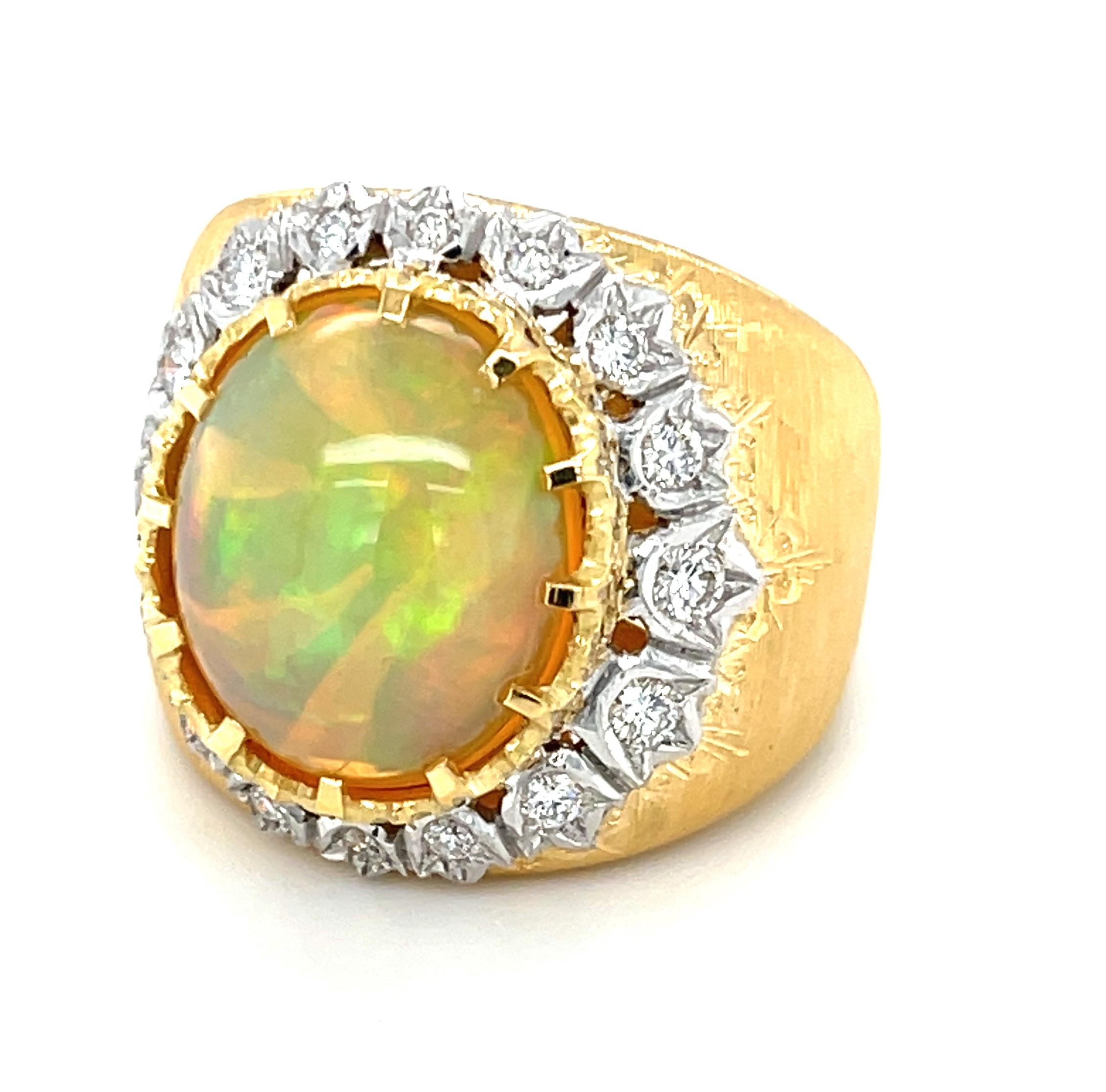 Cabochon 4.79 Carat Opal and Diamond Florentine Style Ring in 18k Yellow and White Gold  For Sale