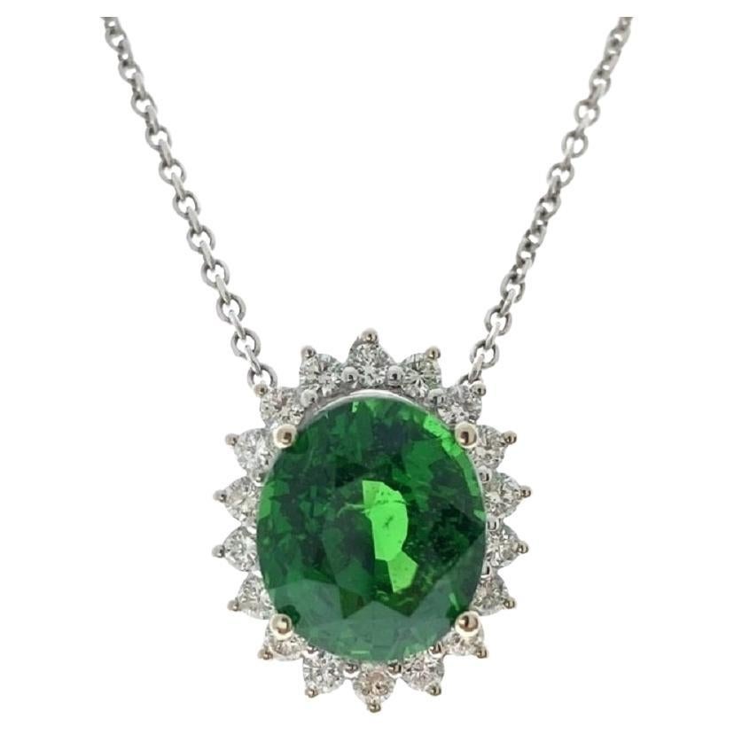 4.79 Carat Oval Green Tsavorite & Diamond Pendant In 14k White Gold