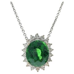 4.79 Carat Oval Green Tsavorite & Diamond Pendant In 14k White Gold