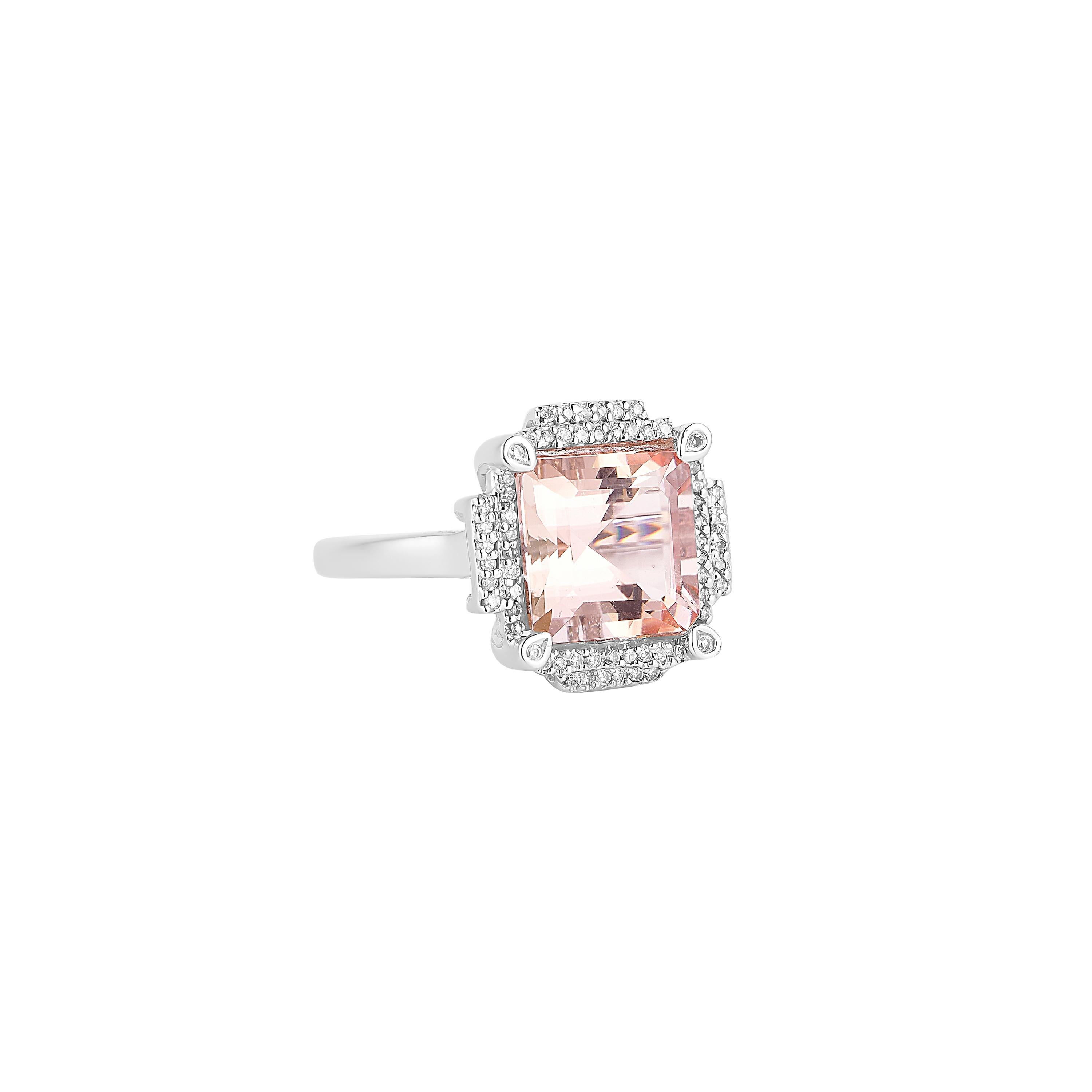 This collection features an array of magnificent morganites! Accented with diamonds these rings are made in white gold and present a classic yet elegant look. 

Classic pink morganite and white diamond ring in 14K white gold. 

Morganite: 4.79 carat