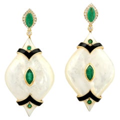 47.95 ct marquise Shaped Pearl Dangle Earrings With Emerald & Black onyx