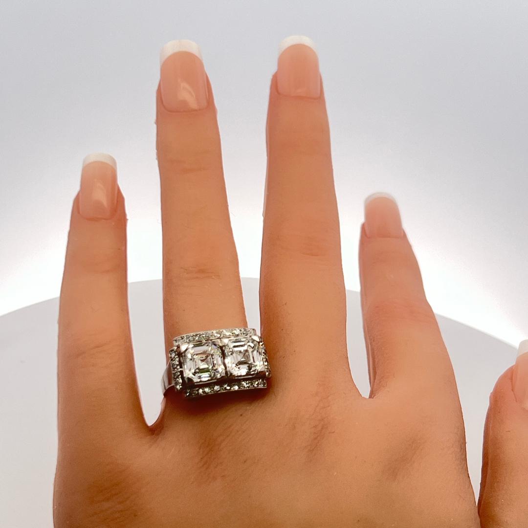 4.79ct Asscher Cut F VS1 Diamond 18K White Gold Art Deco Two-Stone Ring (bague à deux pierres en or blanc) 4