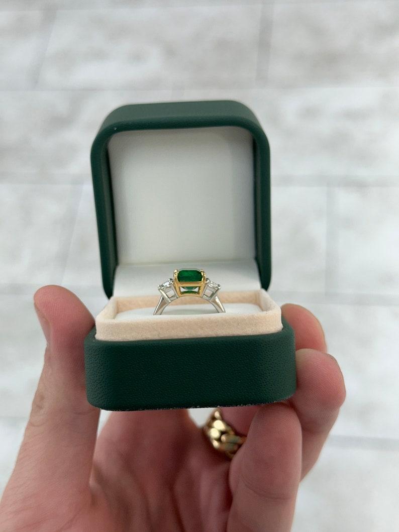 4.79tcw 18K Platinum Emerald & Diamond Three-Stone Ring - Rich Green Emerald For Sale 2