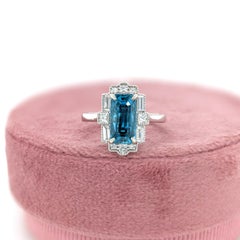 4.7ct Blue Zircon Ring w Earth Mined Diamonds in Solid 14K White Gold EM 11x6mm