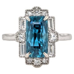 4.7ct Blue Zircon Ring w Earth Mined Diamonds in Solid 14K White Gold EM 11x6mm
