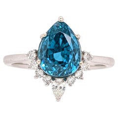 4.7ct Blue Zircon Ring w Earth Mined Diamonds in Solid 14K White Gold Pear 9x7mm