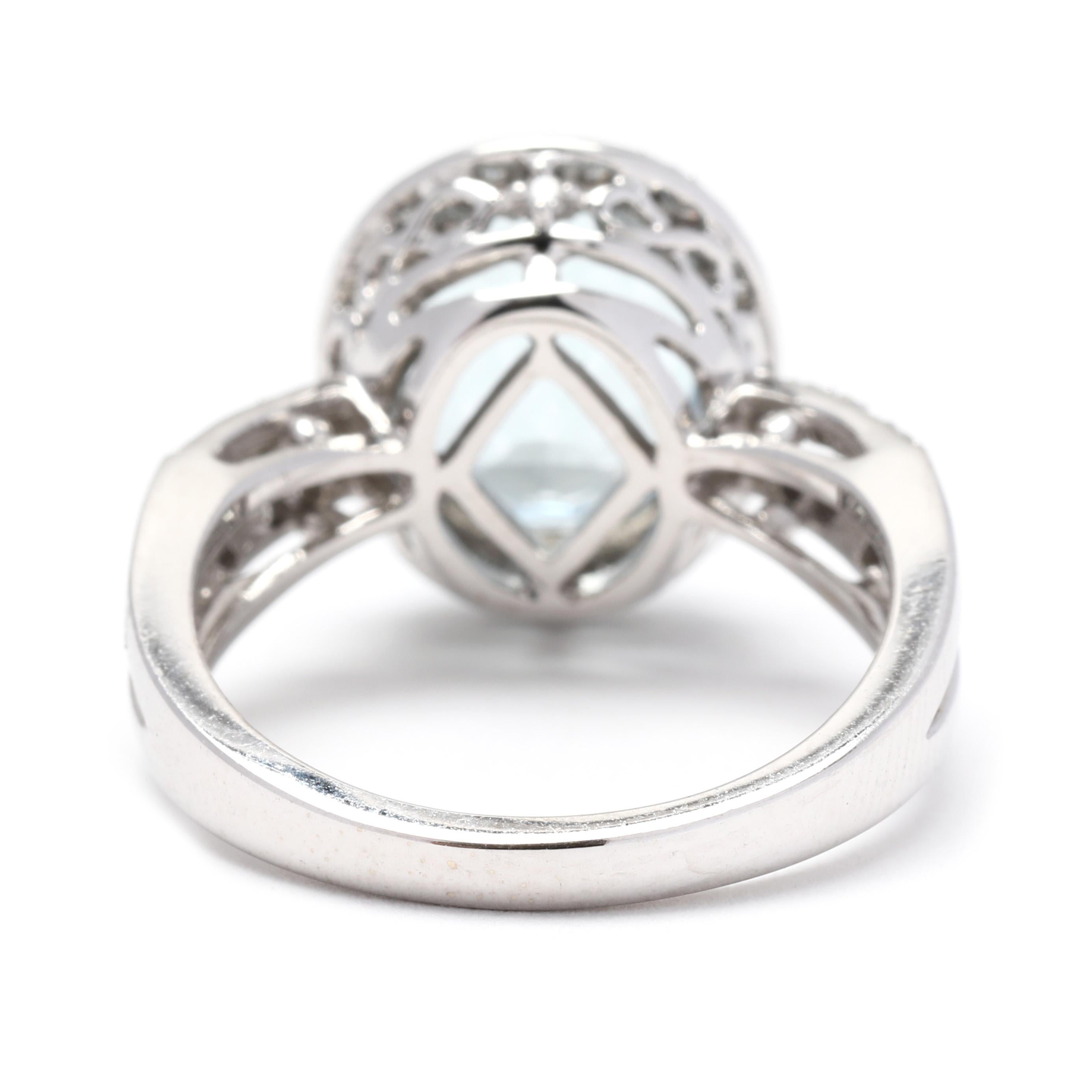 Oval Cut 4.7ctw Blue Topaz & Diamond Halo Split Shank Ring, 14k White Gold, Ring Size 6.5 For Sale
