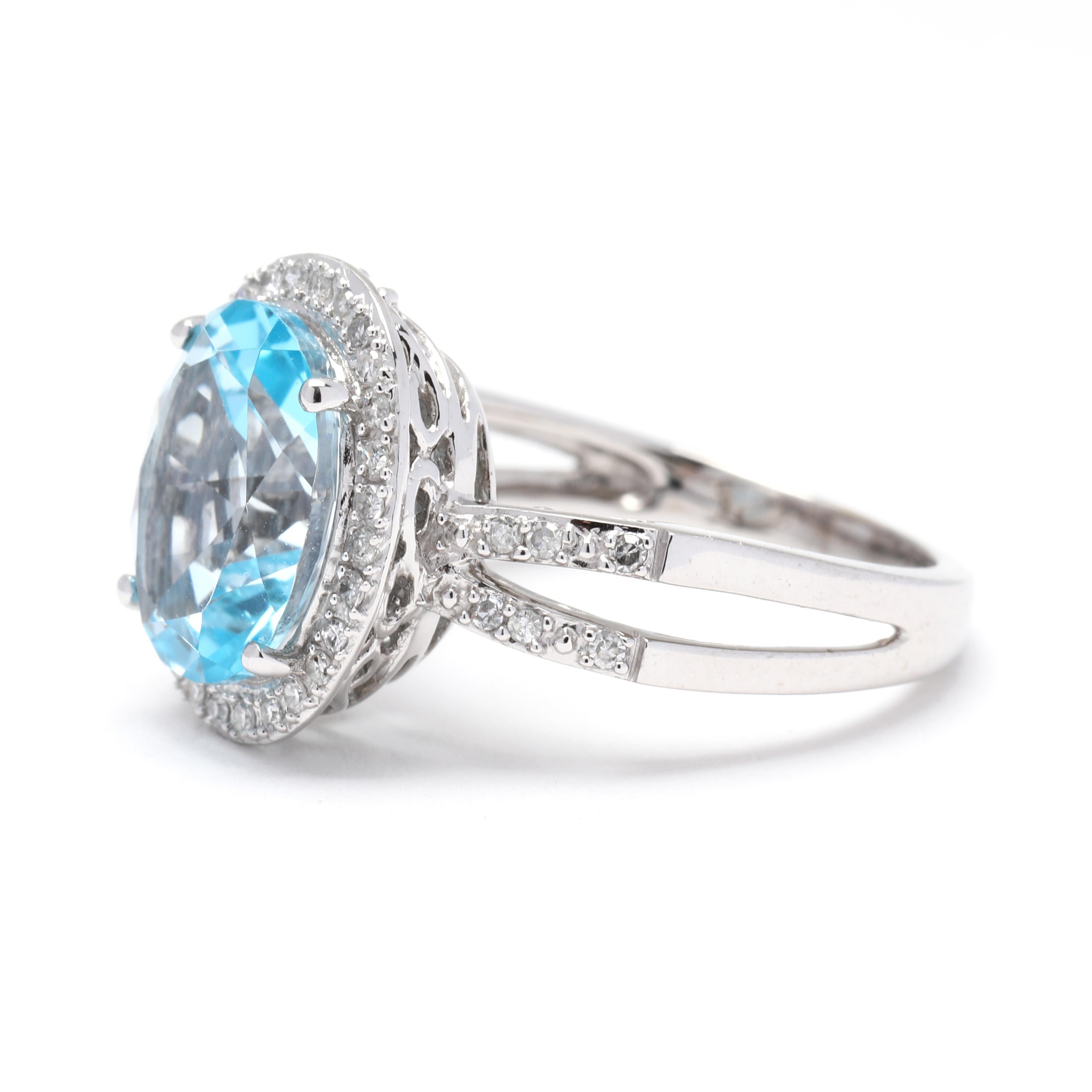4.7ctw Blue Topaz & Diamond Halo Split Shank Ring, 14k White Gold, Ring Size 6.5 In Good Condition For Sale In McLeansville, NC