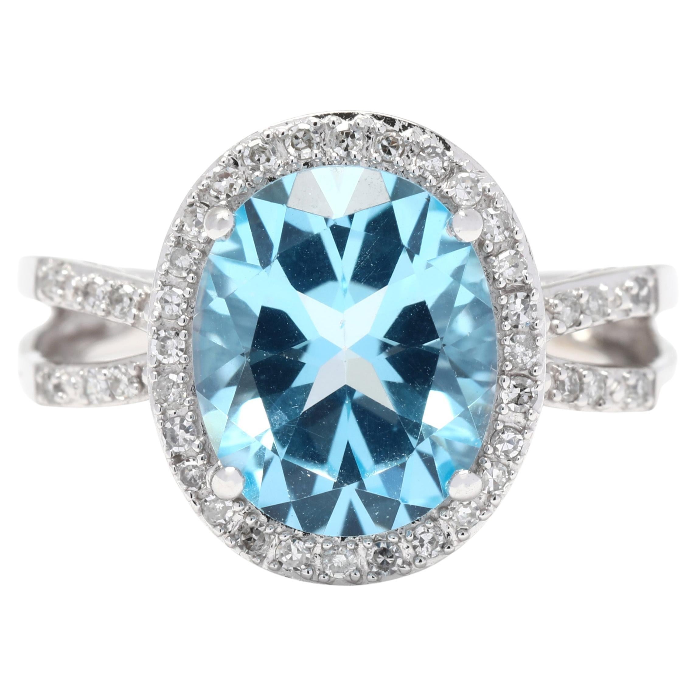 4,7 Karat Blauer Topas & Diamant Halo geteilter Schaftring, 14k Weißgold, Ring Größe 6,5