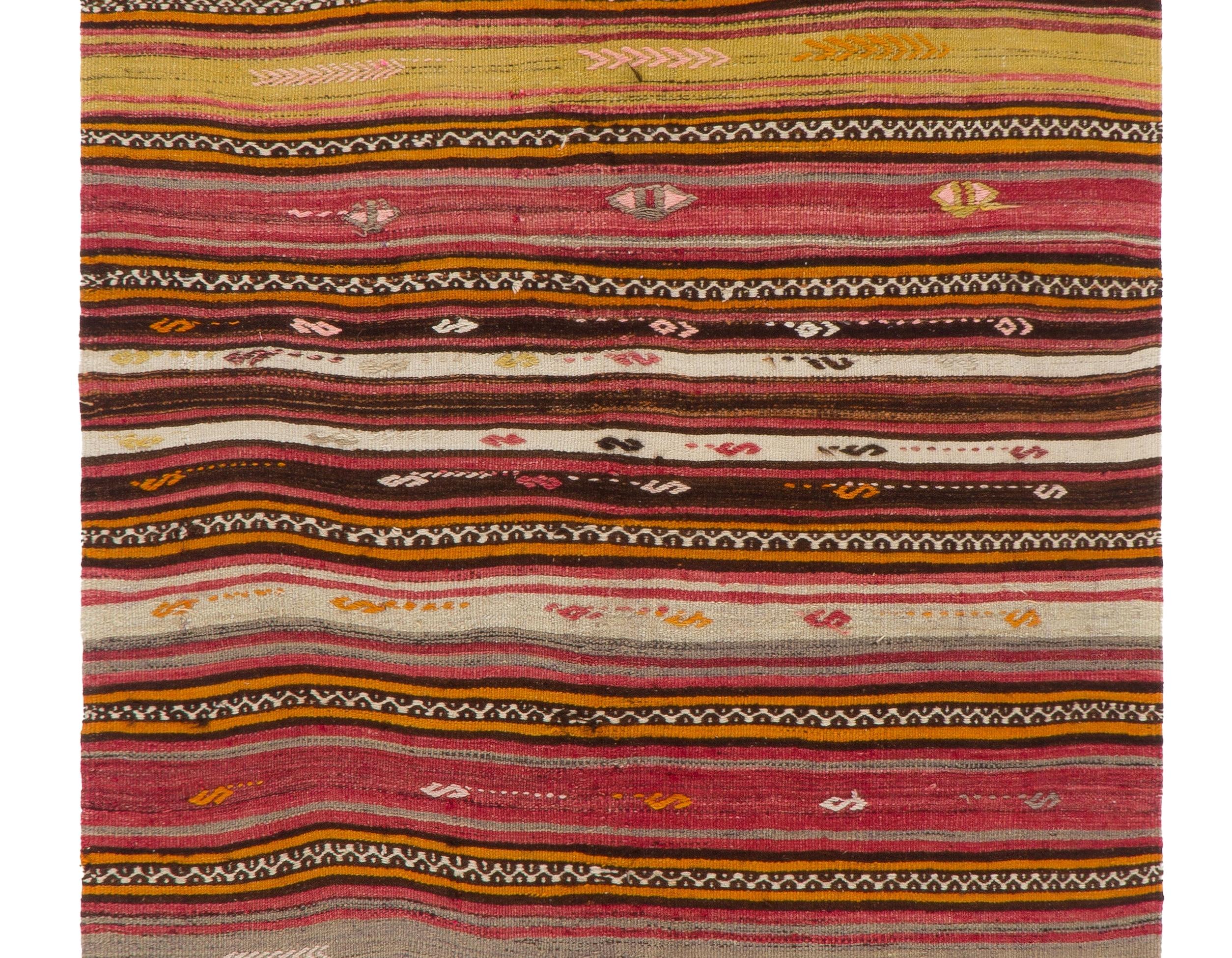 Kilim turco tejido a mano de rayas vintage de 4,7x11 pies. Alfombra de tejido plano, 100% lana Turco en venta