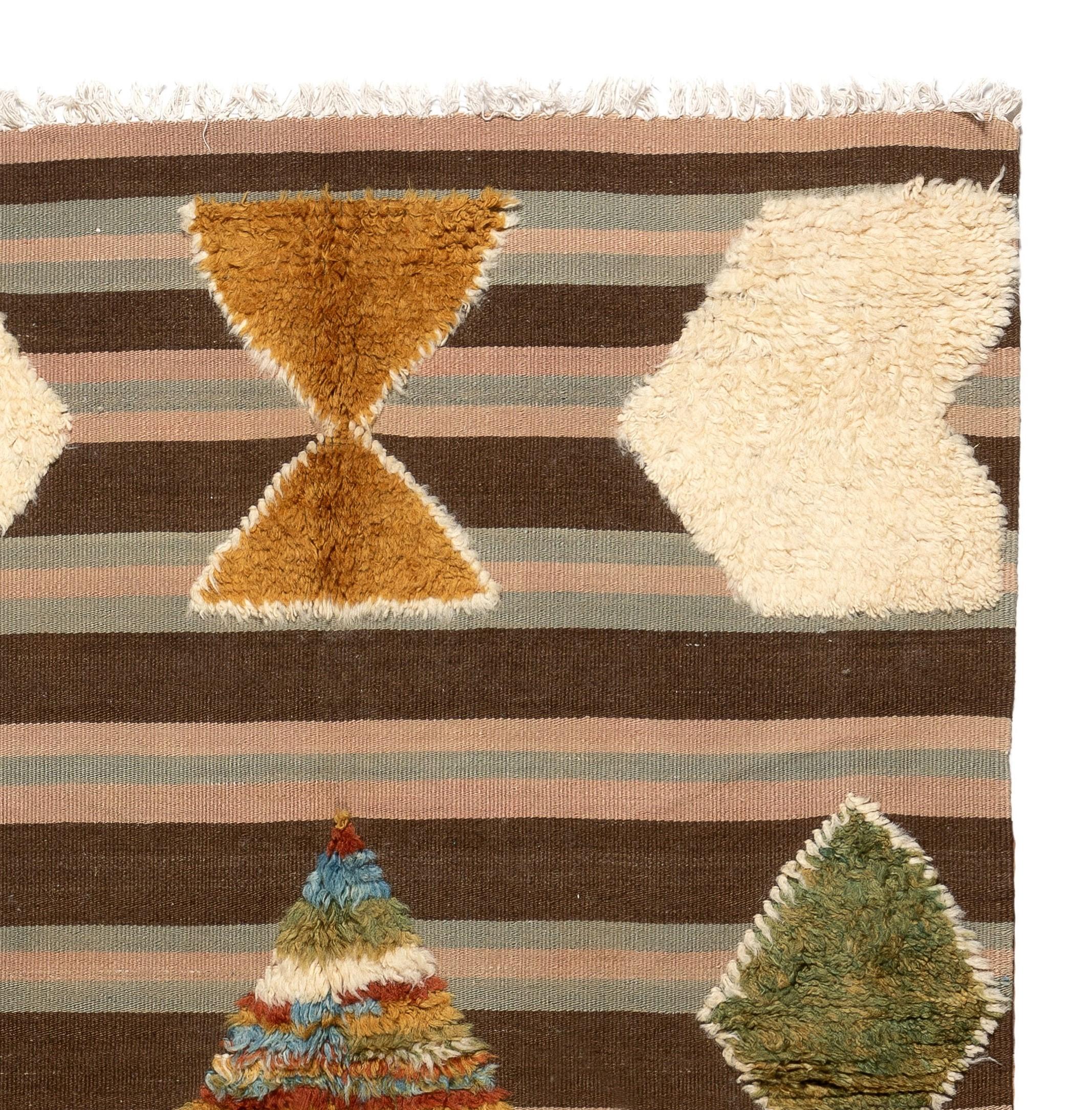 A contemporary hand knotted TULU (Turkish word for soft, cozy, high pile) rug made of fine hand-spun and hand-dyed lambswool. 
It is partly hand knotted (with pile) and partly flat-weave (no pile) as seen. 

The rug is available as seen or if