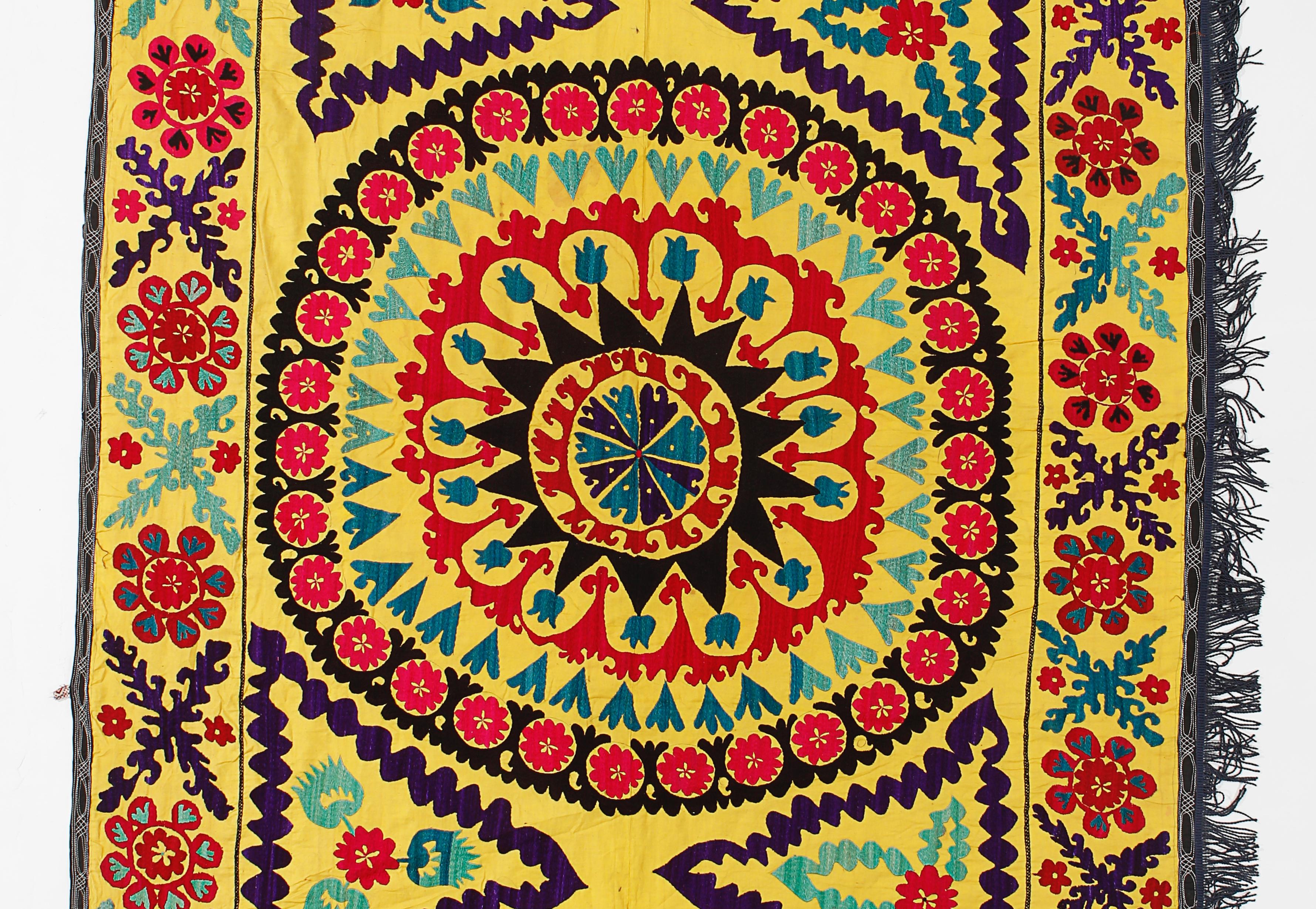 Uzbek 4.7x10.5 ft Handmade Suzani Wall Hanging in Yellow, Silk Embroidery Table Runner For Sale