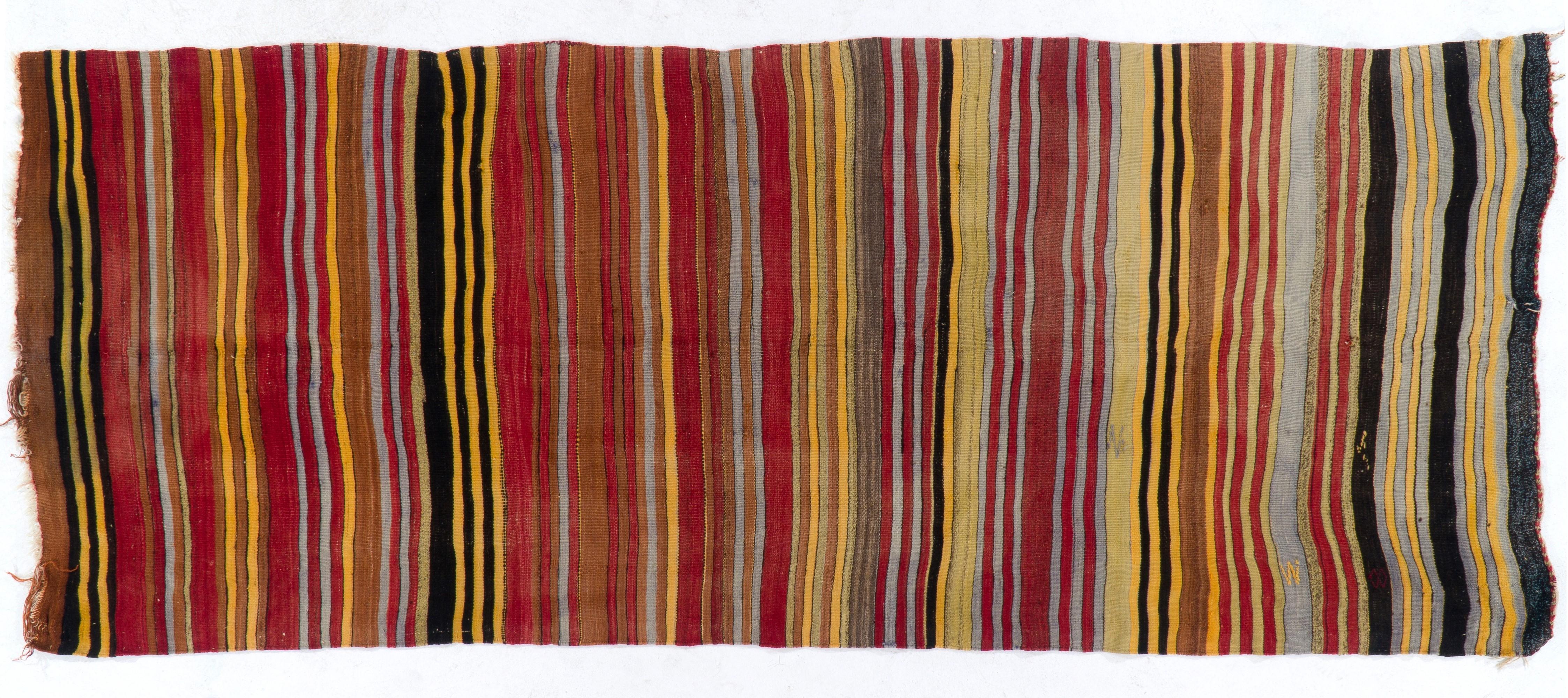 Hand-Woven 4.6x11.2 Ft Colorful Vintage Striped Handwoven Turkish Kilim 'Flat Weave' For Sale