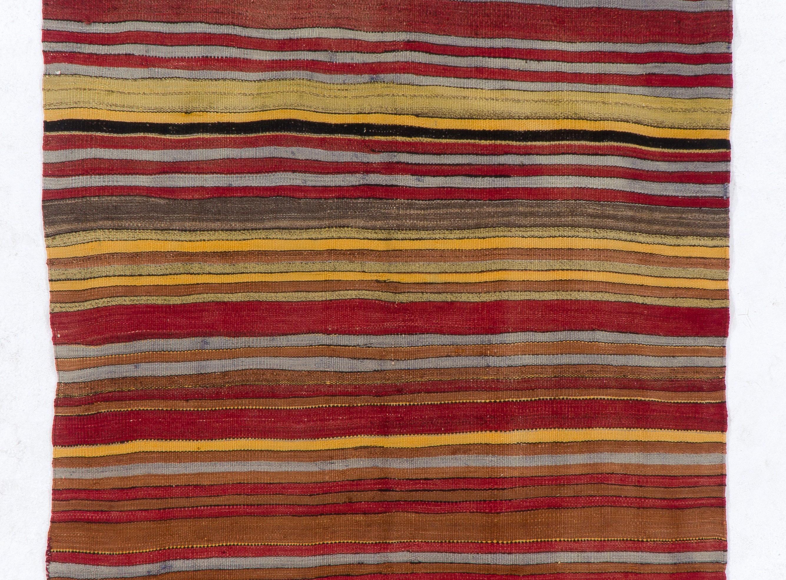20th Century 4.6x11.2 Ft Colorful Vintage Striped Handwoven Turkish Kilim 'Flat Weave' For Sale