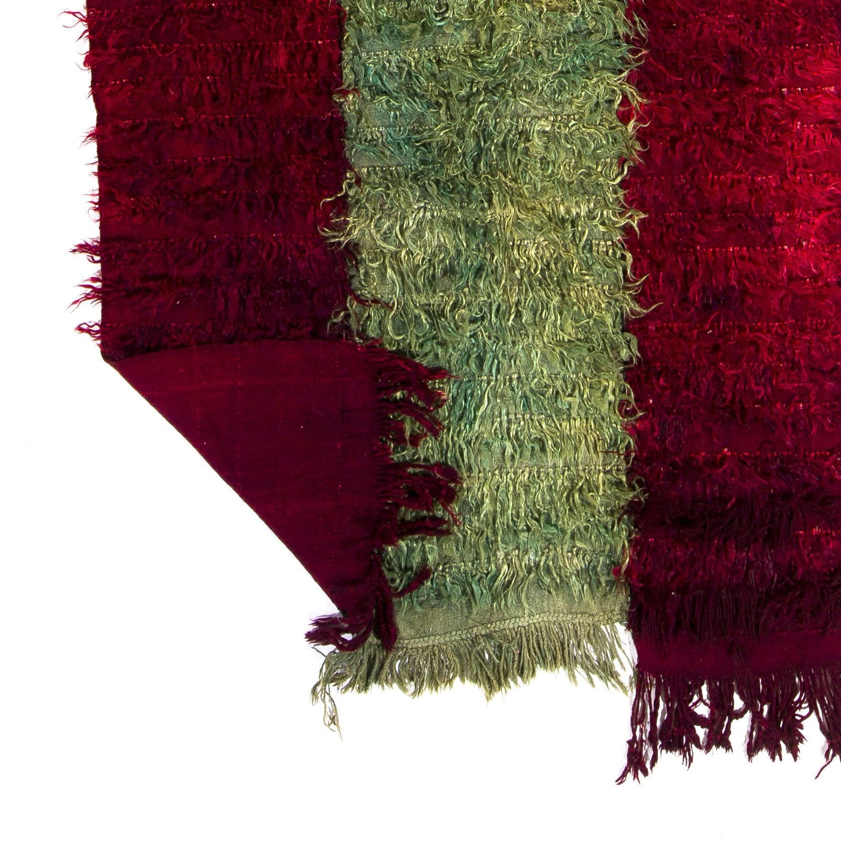 Hand-Woven 4.7x11.2 Ft Vintage Filikli Tulu Rug Made of Mohair Wool, Red and Green Colors For Sale