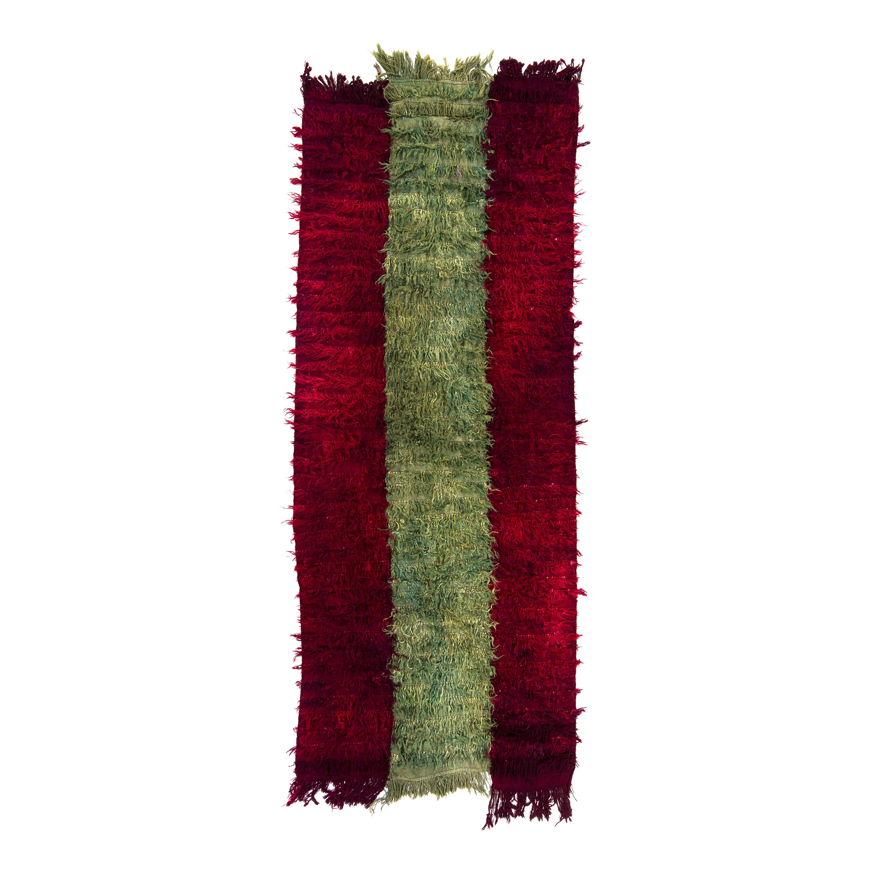4,7x11.2 Ft Vintage Filikli Tulu Teppich aus Mohairwolle, gefertigt. Rote und grüne Farben