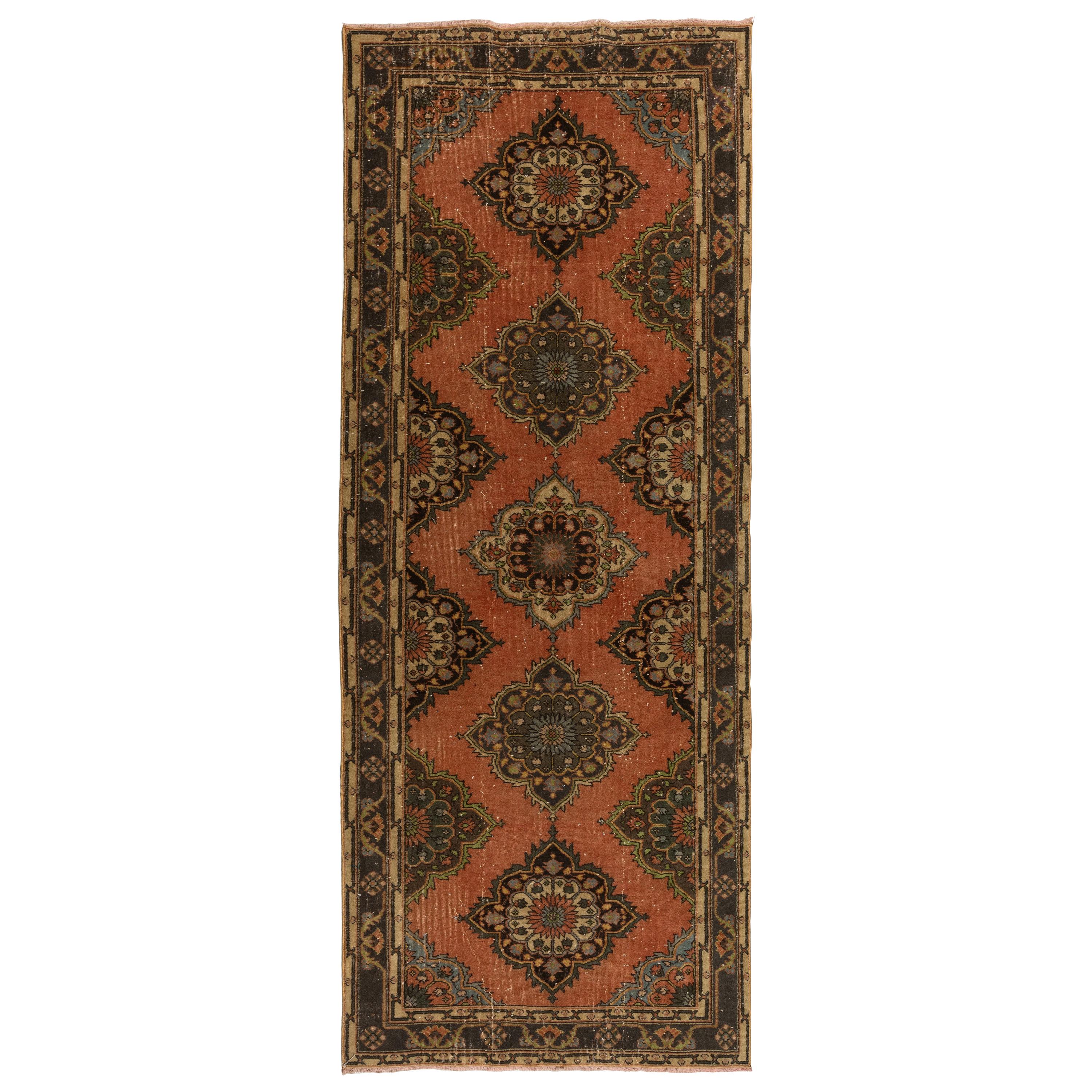 4.7x11.6 Ft Hand-Knotted Vintage Konya Sille Runner Rug. Wool Carpet for Hallway