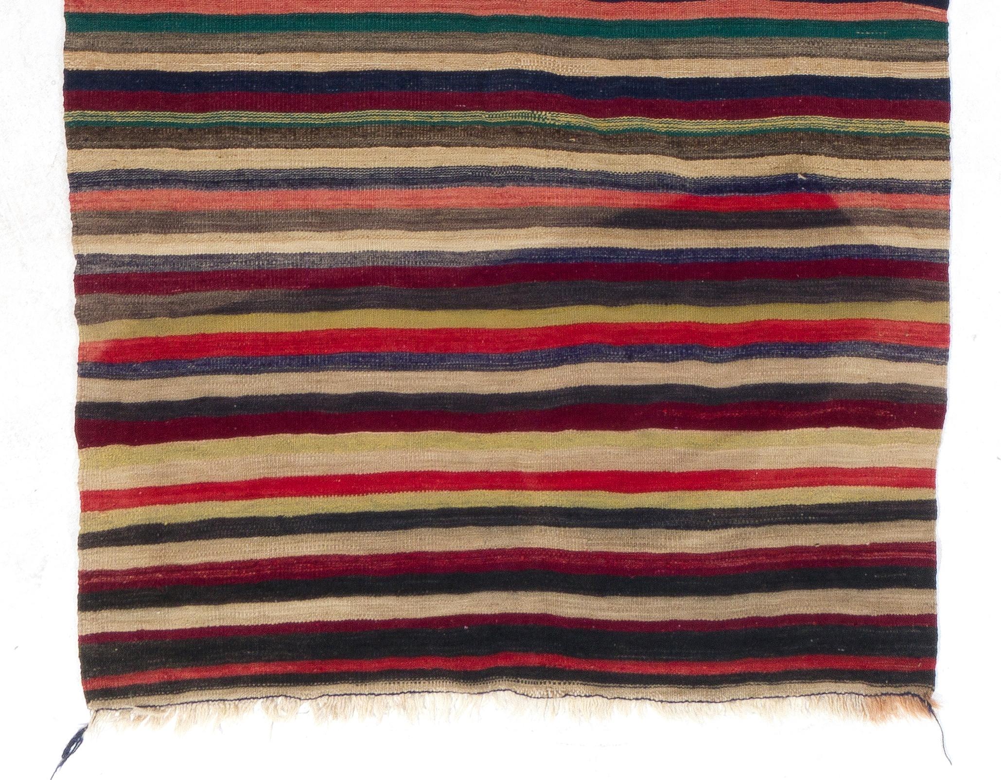 20th Century 4.7x11.8 Ft Runner Kilim in Multicolor Stripe Pattern, Hand-Woven Turkish Rug For Sale