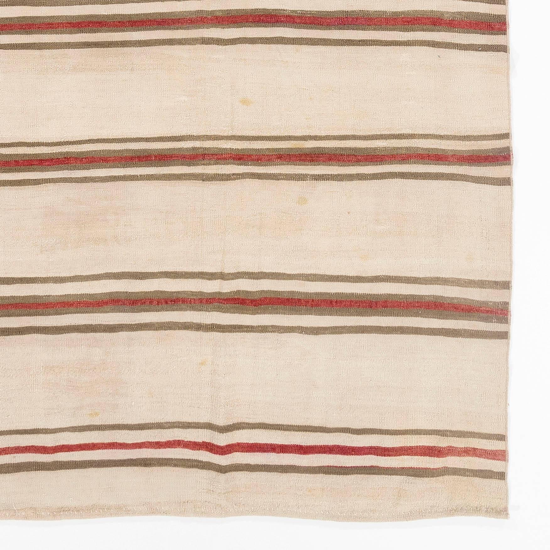 Turkish 4.7x12 Ft Banded Vintage Handmade Runner Kilim in Shades of Brown, Beige and Red For Sale
