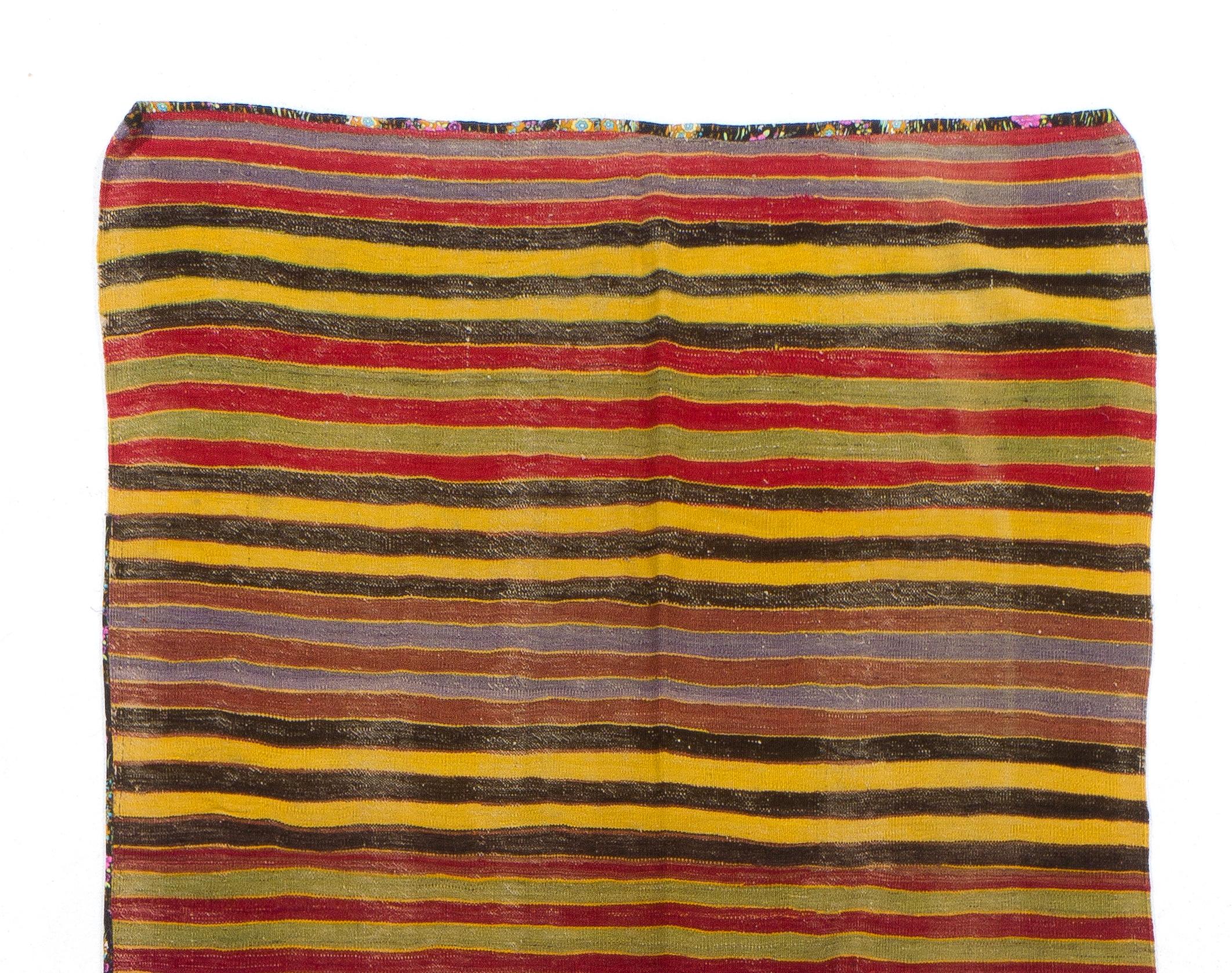 Vintage handwoven flat-weave (Kilim) with striped design, 100% wool. Size: 4.7 x 12.2 ft.
We can modify the dimensions if requested, i.e. make it shorter and/or narrower.
Reversible; both sides can be used.
Ideal for both residential and commercial